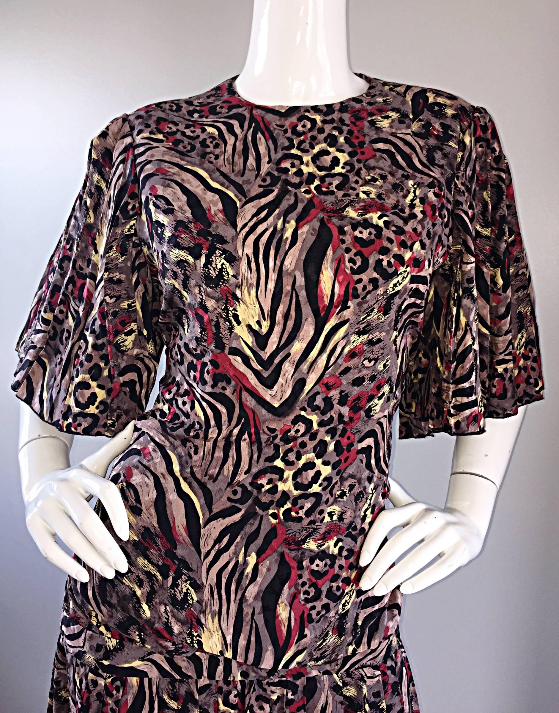 Vintage Richilene Leopard und Zebra Print 1980s does 1920s Flapper Style Kleid (Schwarz) im Angebot