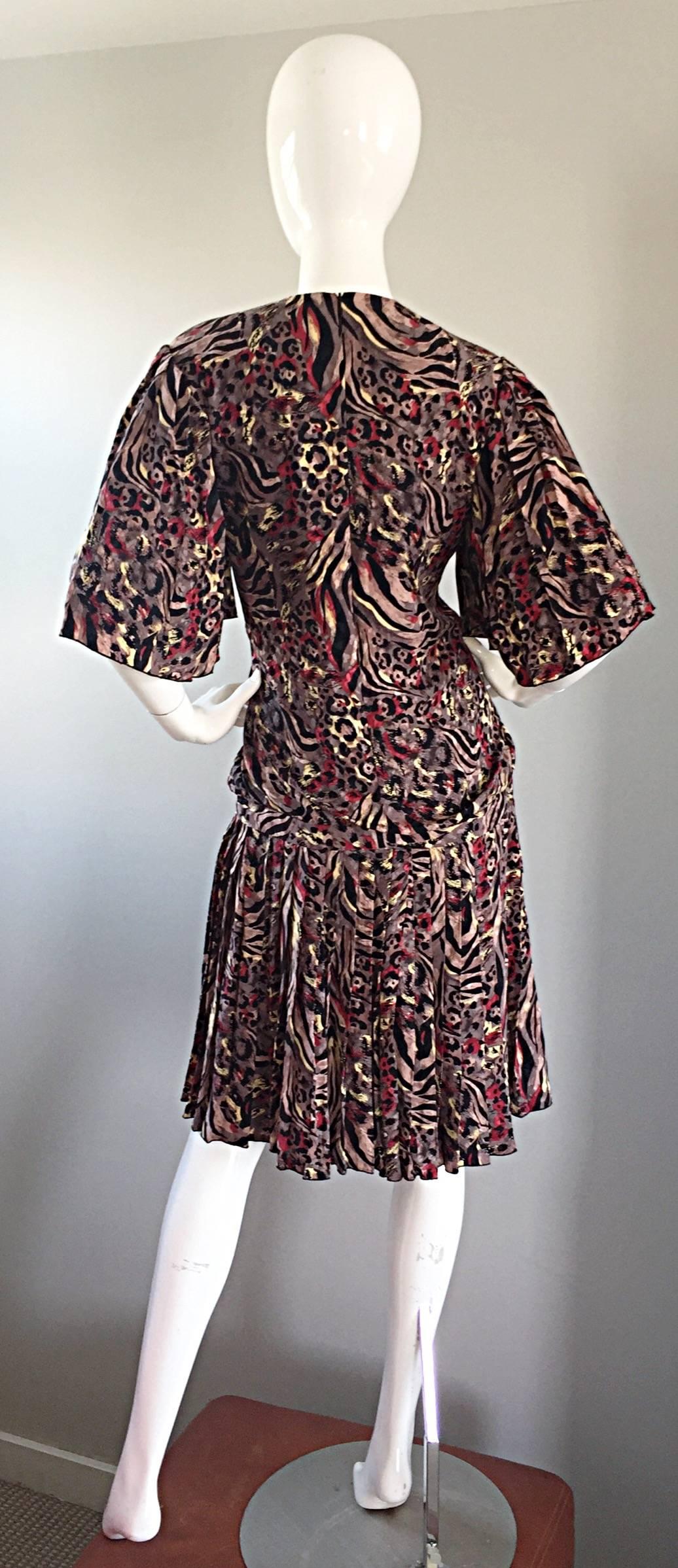 Vintage Richilene Leopard und Zebra Print 1980s does 1920s Flapper Style Kleid im Zustand „Hervorragend“ im Angebot in San Diego, CA