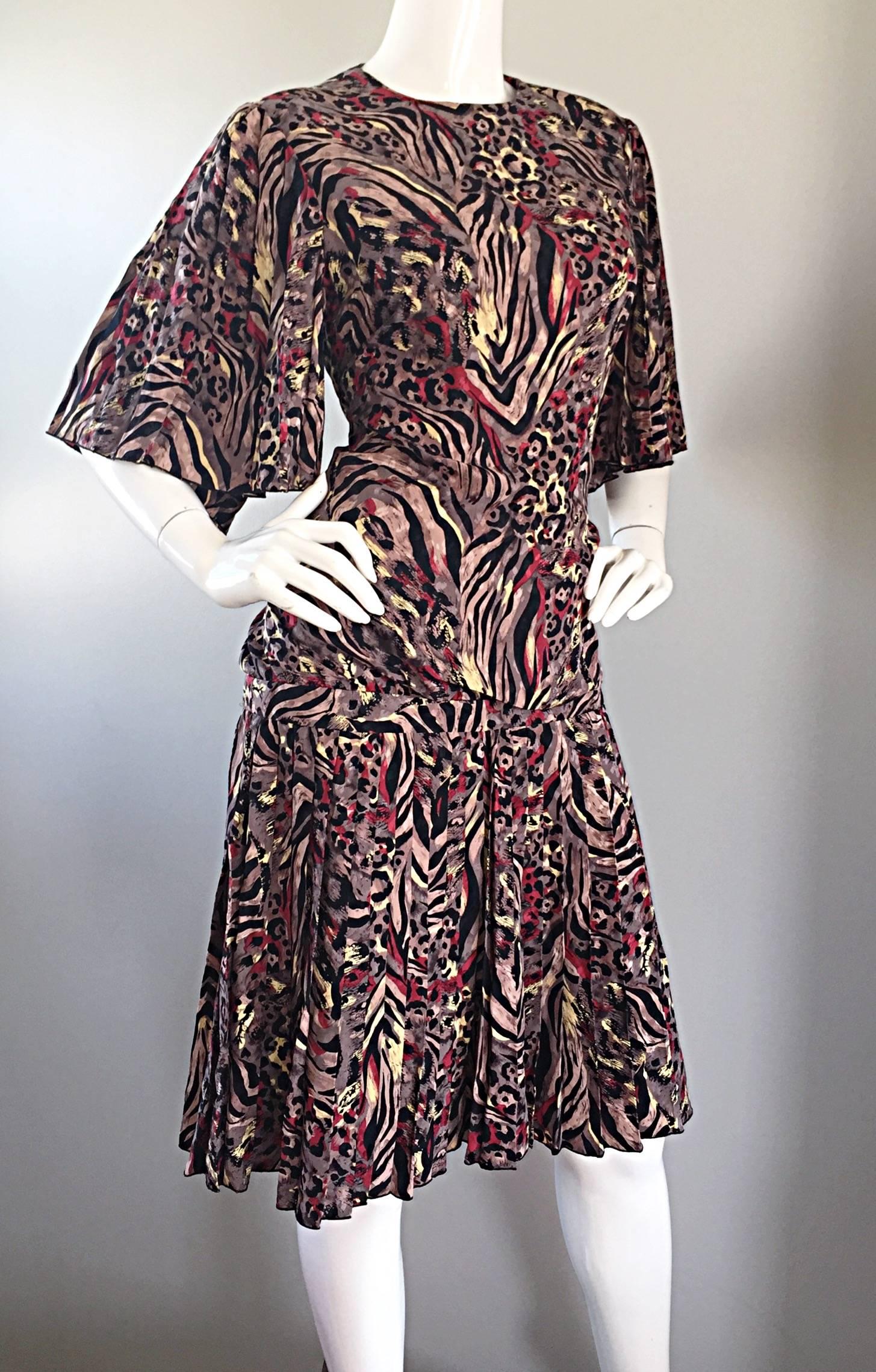 Vintage Richilene Leopard and Zebra Print 1980s does 1920s Flapper Style Dress In Excellent Condition For Sale In San Diego, CA