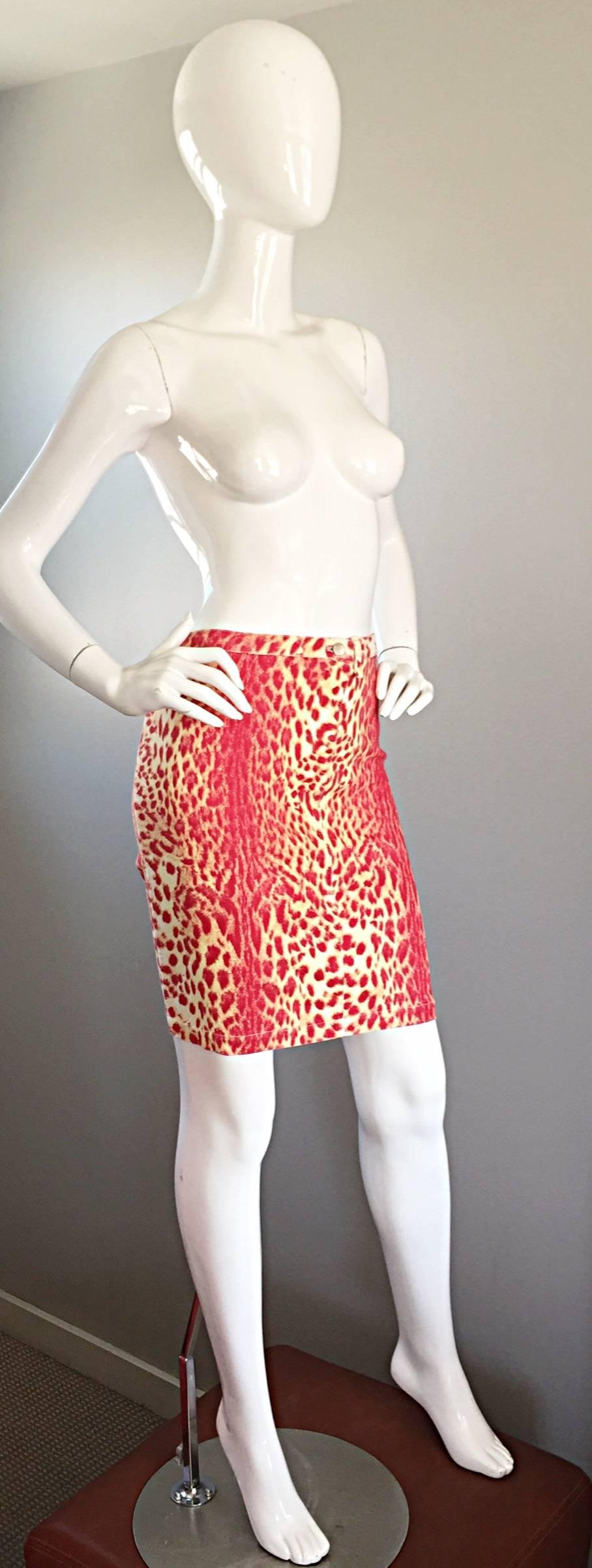 Women's Vintage Roberto Cavalli Leopard Print 1990s Sexy Red + Yellow BodCon Denim Skirt For Sale