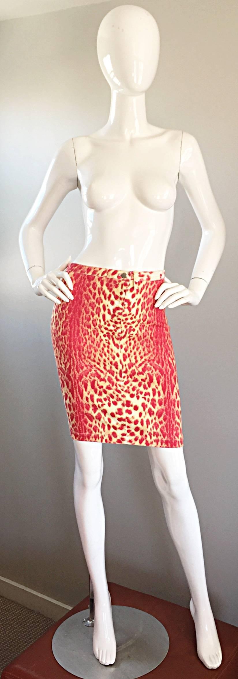 Vintage Roberto Cavalli Leopard Print 1990s Sexy Red + Yellow BodCon Denim Skirt For Sale 4