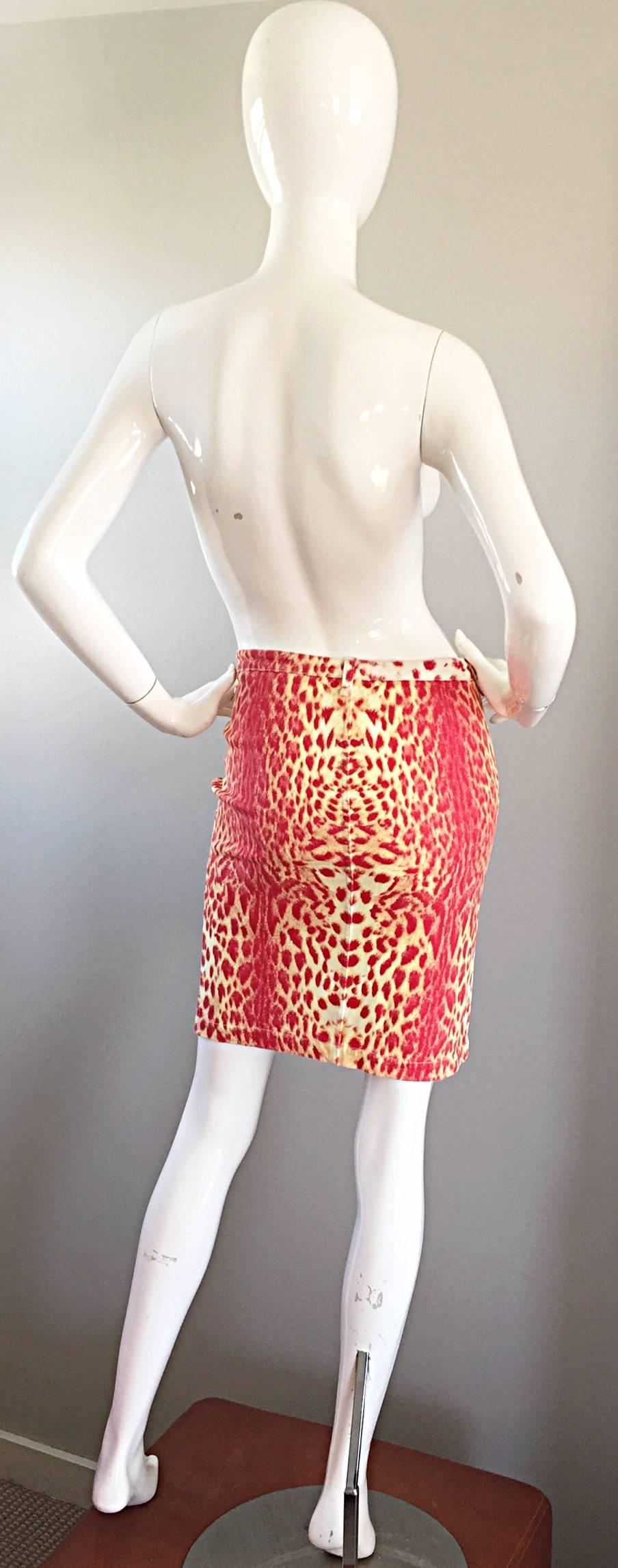 Vintage Roberto Cavalli Leopard Print 1990s Sexy Red + Yellow BodCon Denim Skirt For Sale 1