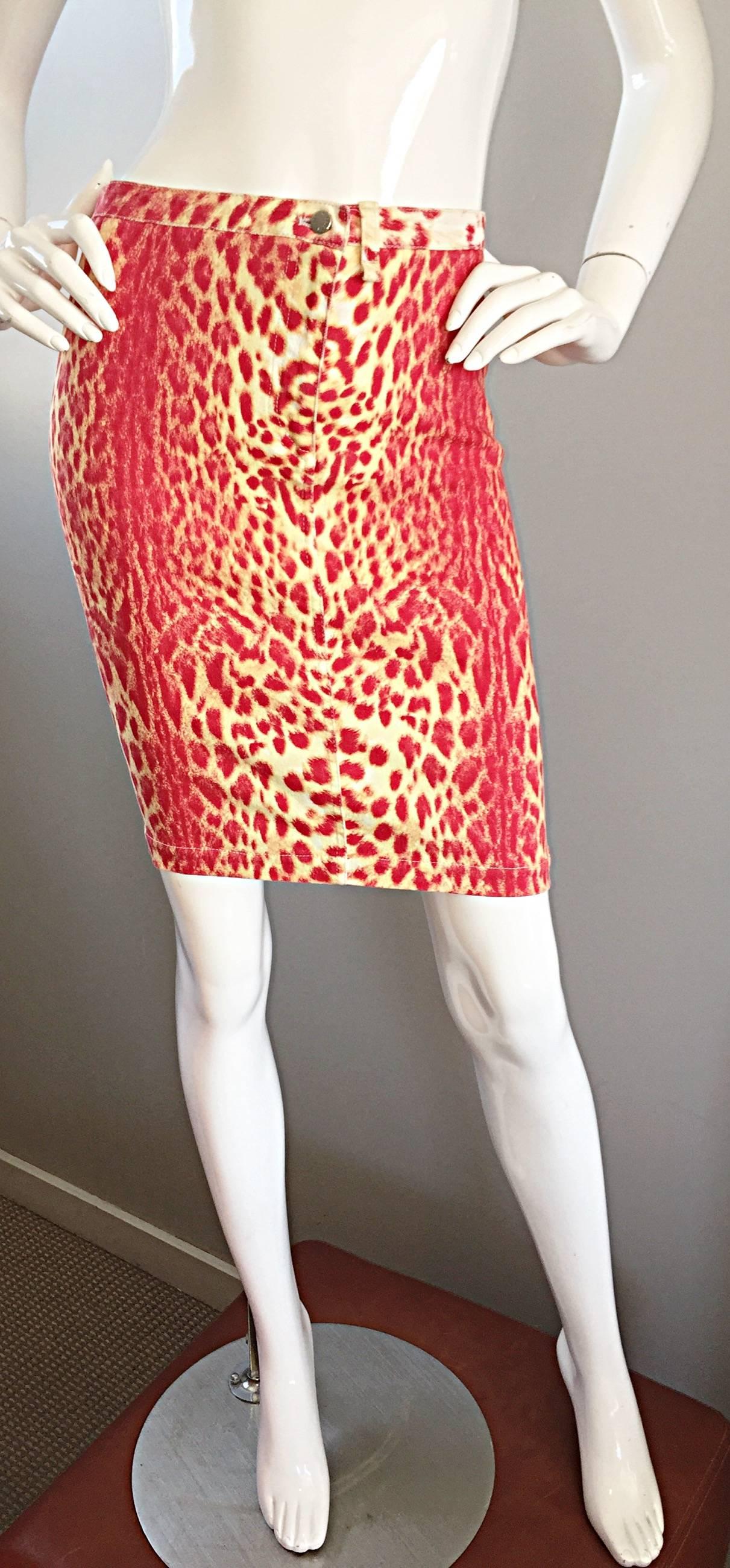 Vintage Roberto Cavalli Leopard Print 1990s Sexy Red + Yellow BodCon Denim Skirt In Excellent Condition For Sale In San Diego, CA