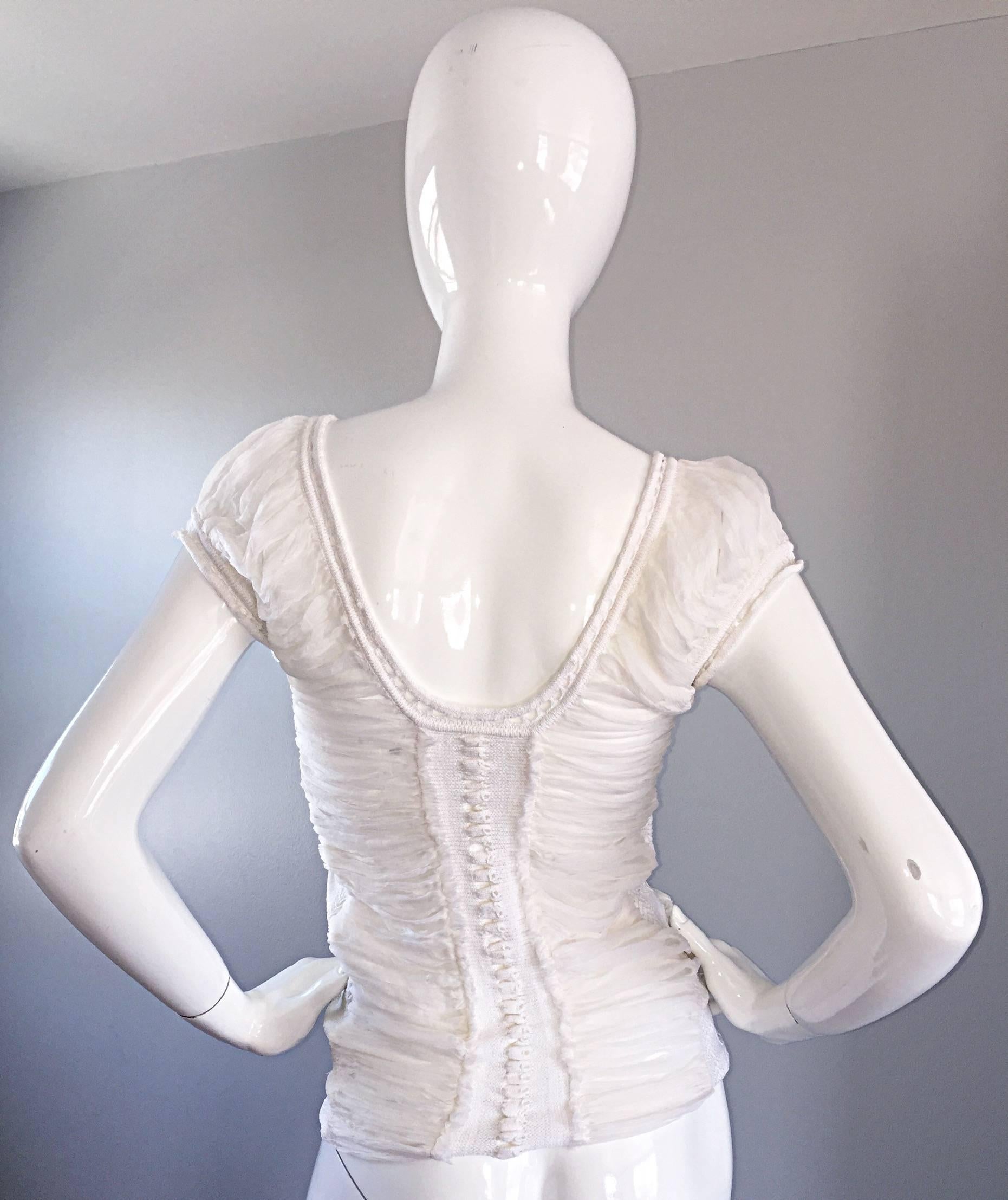 Roberto Cavalli 1990s White Silk Chiffon + Crochet Beautiful Vintage Angelic Top 3