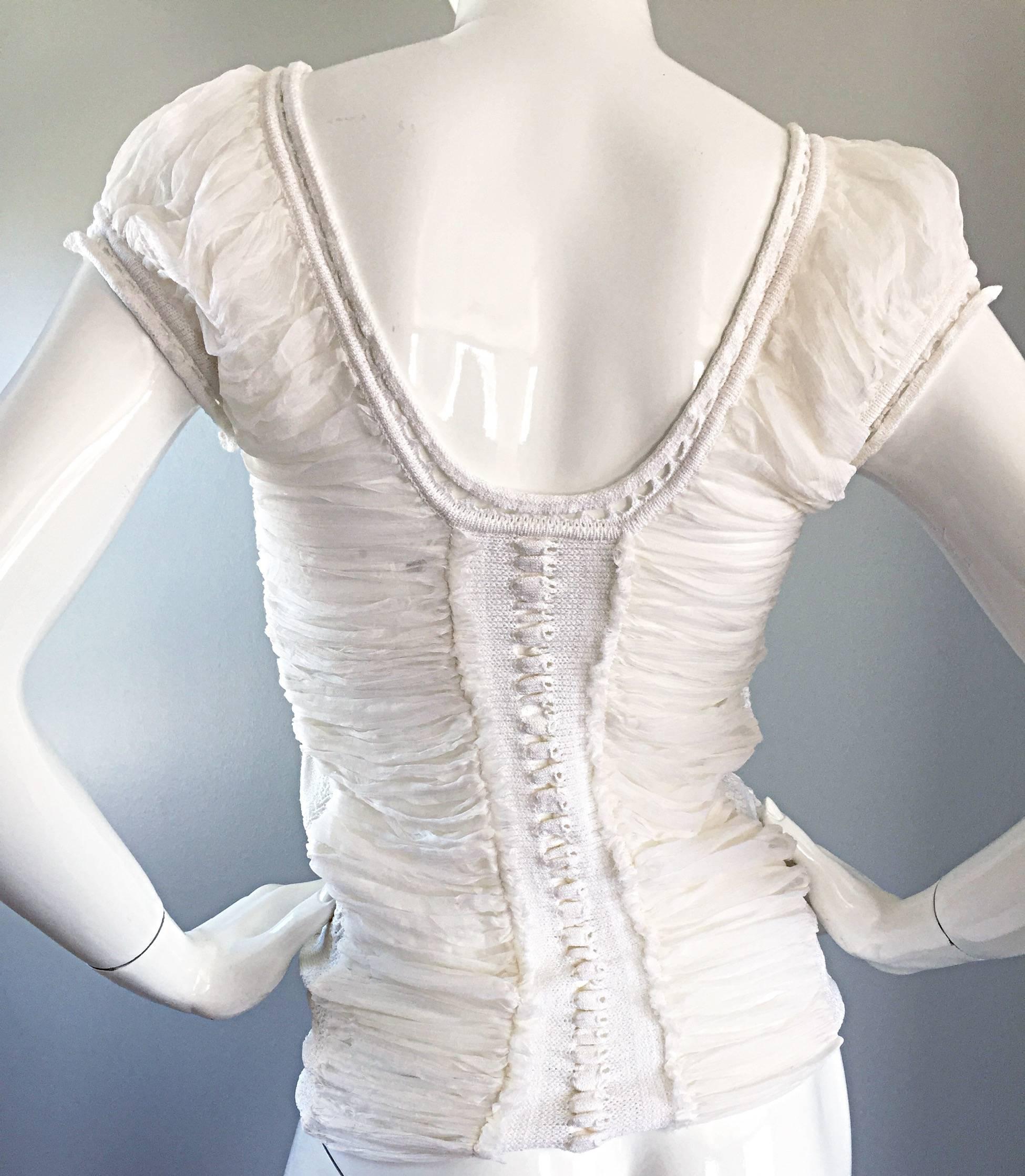 Women's Roberto Cavalli 1990s White Silk Chiffon + Crochet Beautiful Vintage Angelic Top