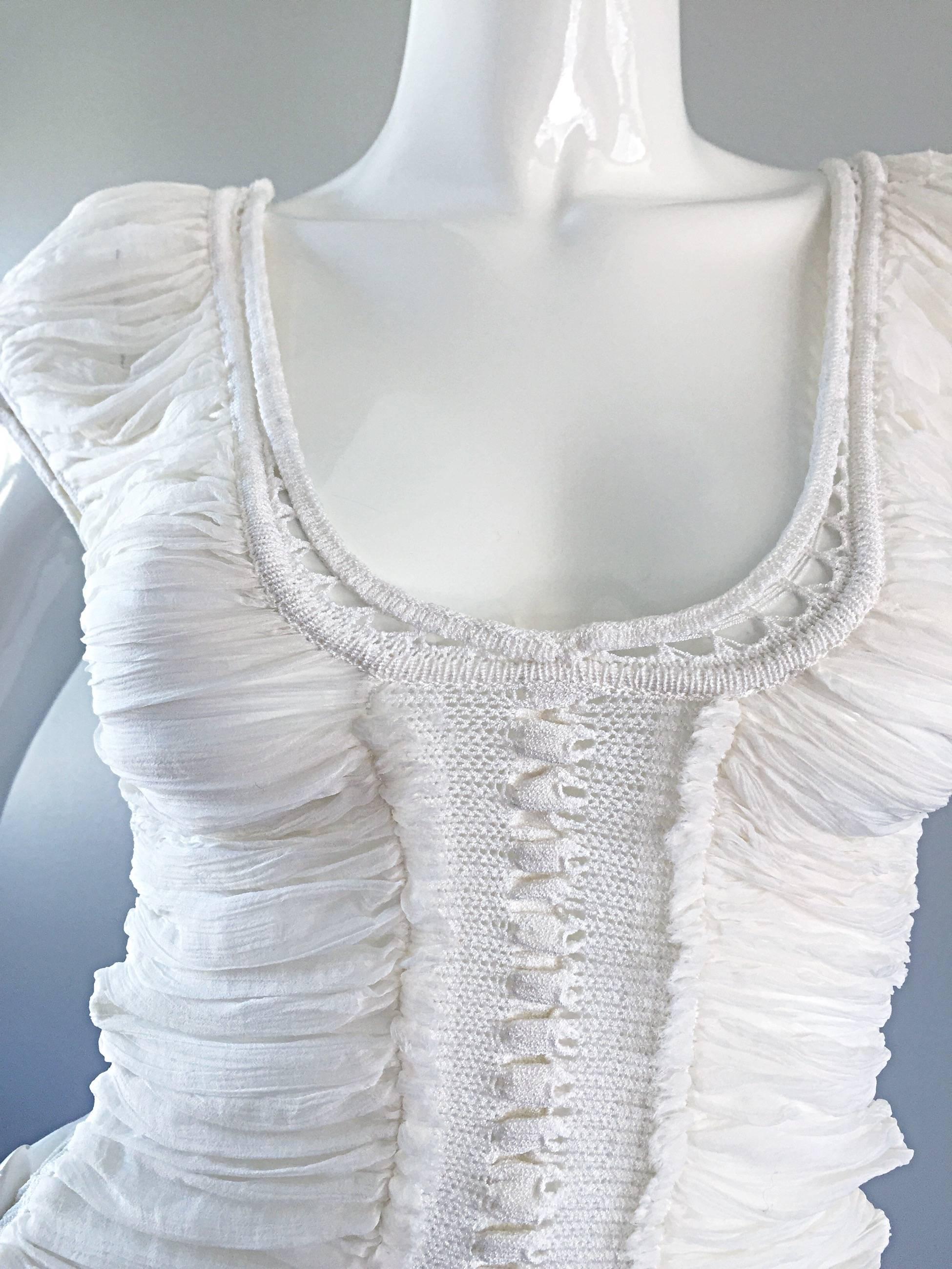 Gray Roberto Cavalli 1990s White Silk Chiffon + Crochet Beautiful Vintage Angelic Top