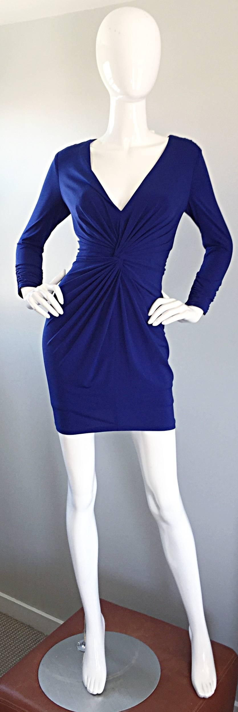 Sexy yet sophisticated vintage early 90s TADASHI SHOJI royal blue bodcon double ply jersey mini dress! Wonderful vibrant blue color, with a fit that is to die for! Flattering ruching on the bodice leads to a form fitting skirt. Sleek tailored long