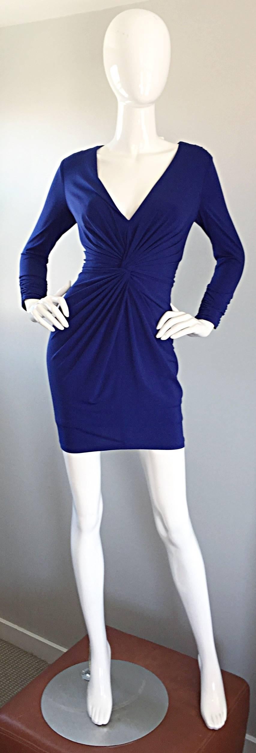 1990s Tadashi Shoji Royal Blue Vintage Bodycon Ruched Long Sleeve Mini Dress  For Sale 2