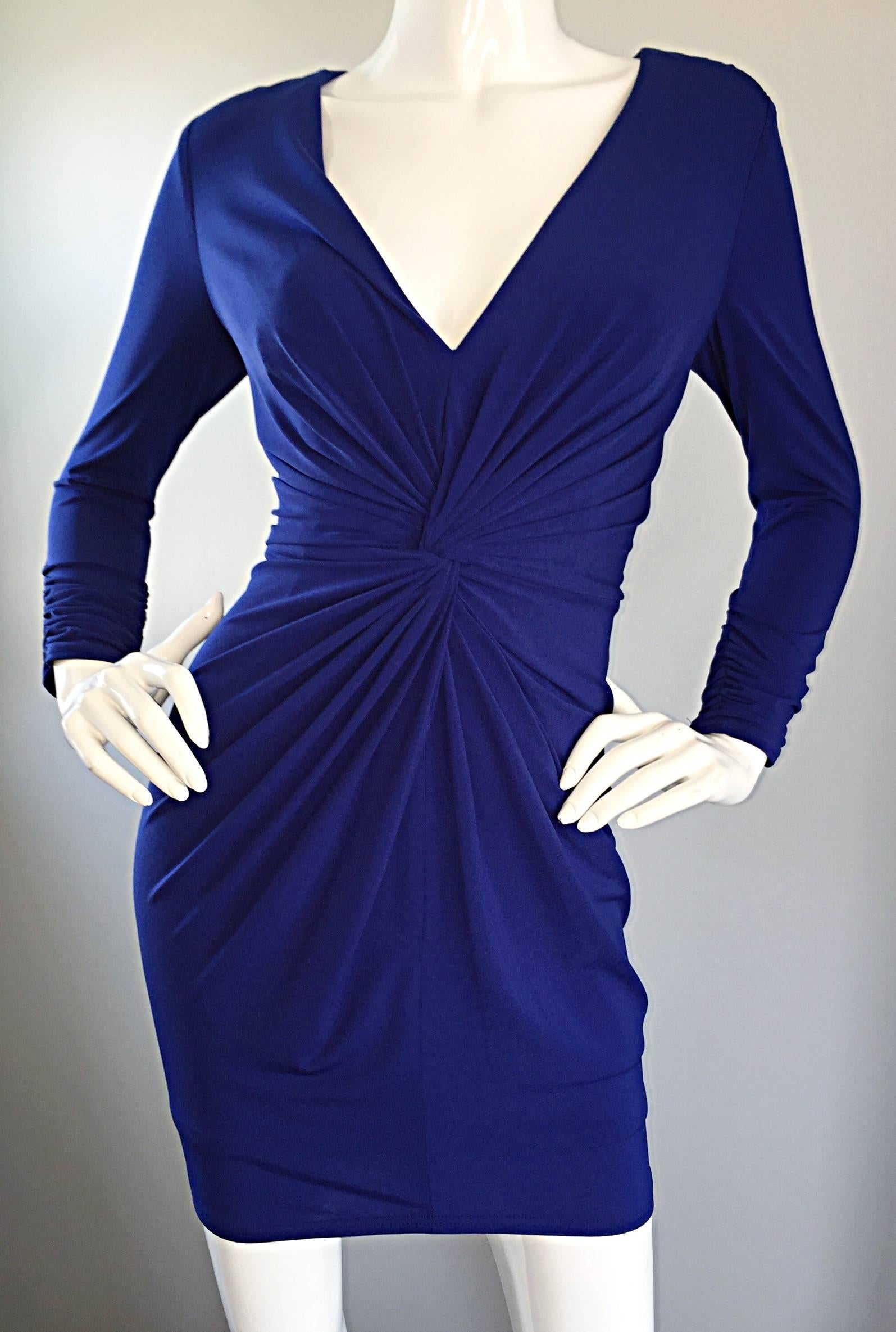 Women's 1990s Tadashi Shoji Royal Blue Vintage Bodycon Ruched Long Sleeve Mini Dress  For Sale