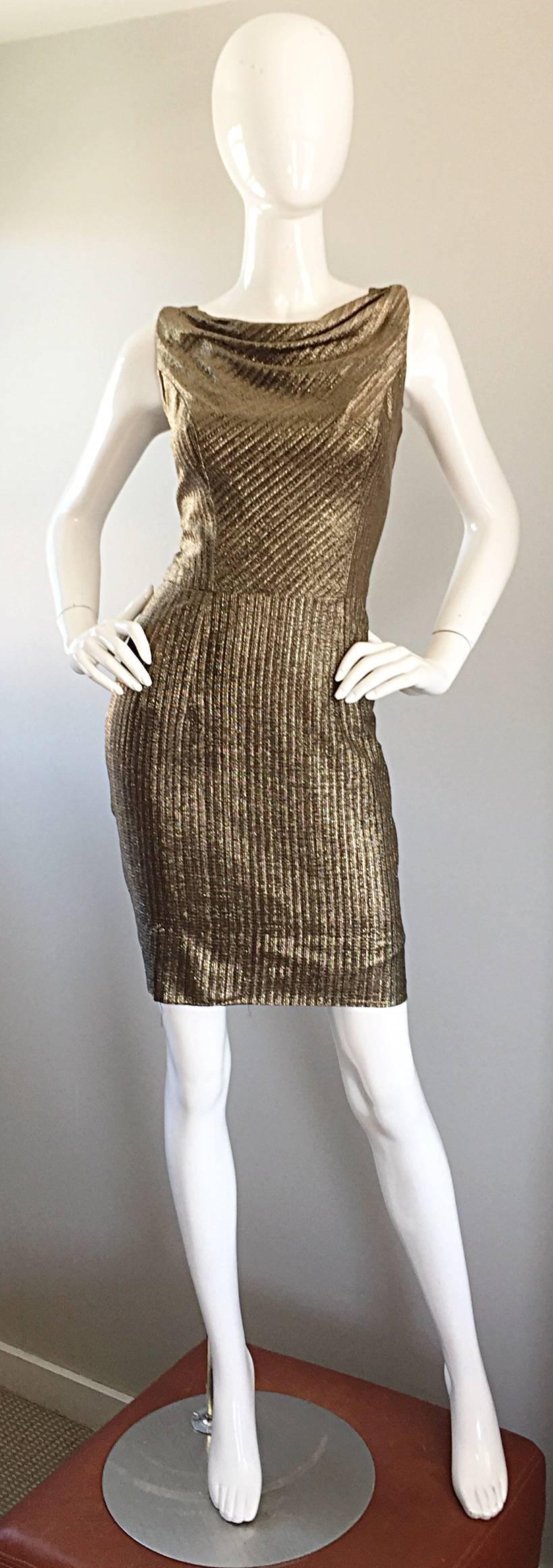 Amazing 1950s Gold Bronze Silk Metallic Late 50s Vintage Wiggle Bombshell Dress  For Sale 1