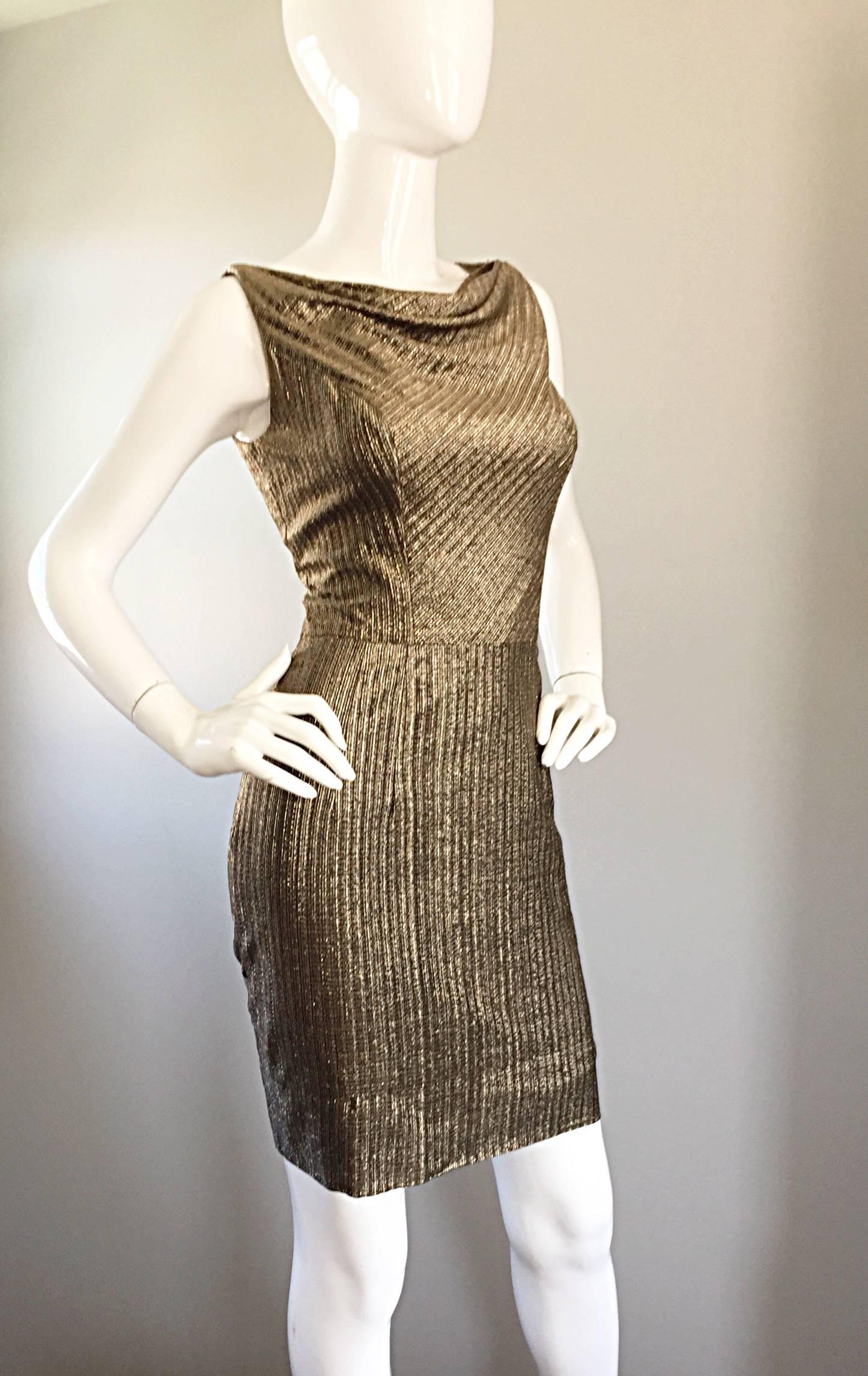 Brown Amazing 1950s Gold Bronze Silk Metallic Late 50s Vintage Wiggle Bombshell Dress  For Sale