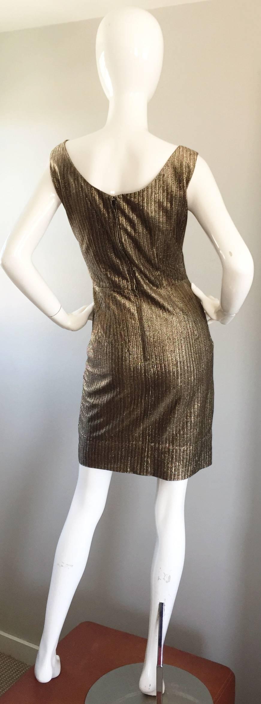 Amazing 1950s Gold Bronze Silk Metallic Late 50s Vintage Wiggle Bombshell Dress  In Excellent Condition For Sale In San Diego, CA