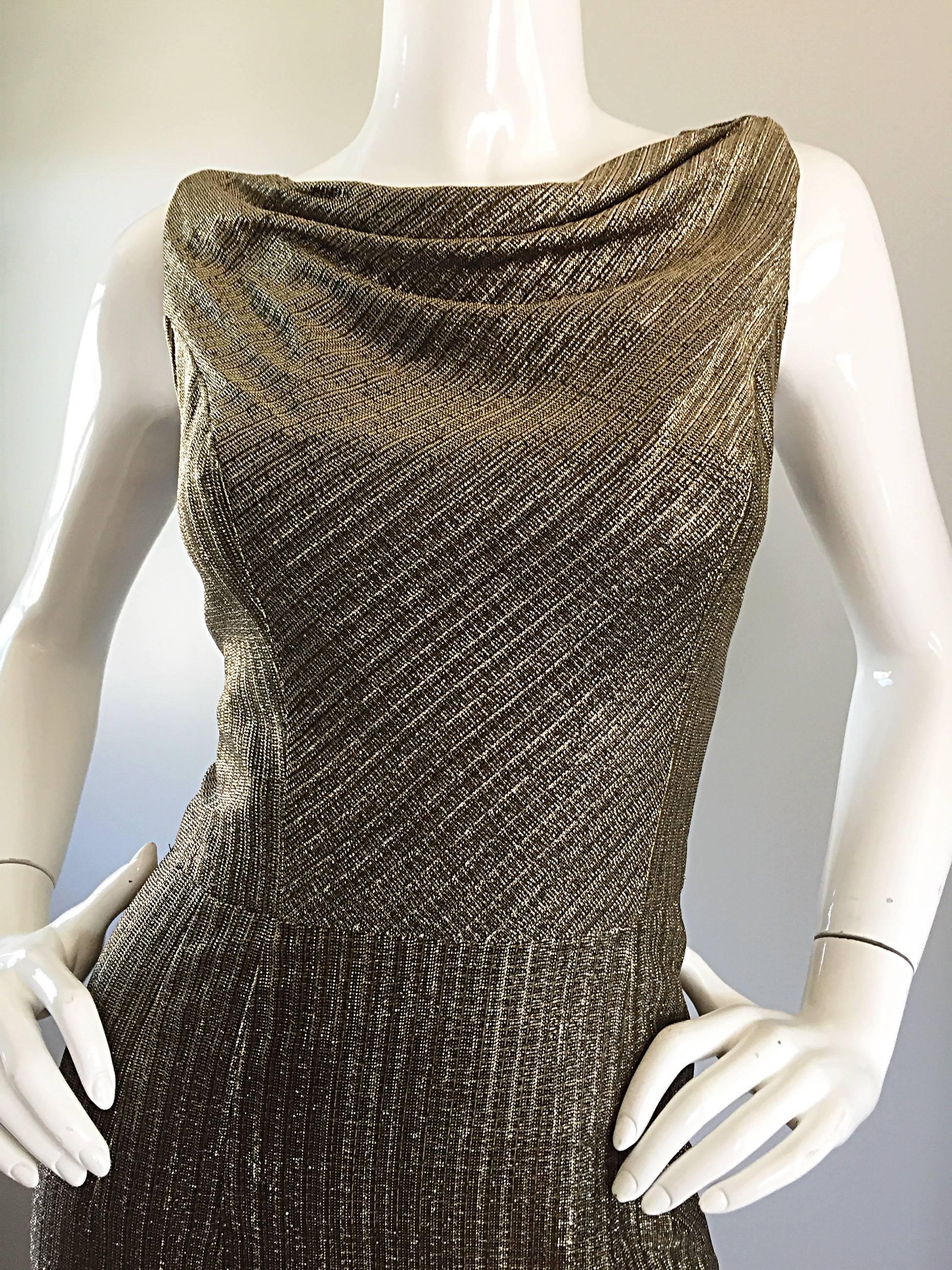 Women's Amazing 1950s Gold Bronze Silk Metallic Late 50s Vintage Wiggle Bombshell Dress  For Sale