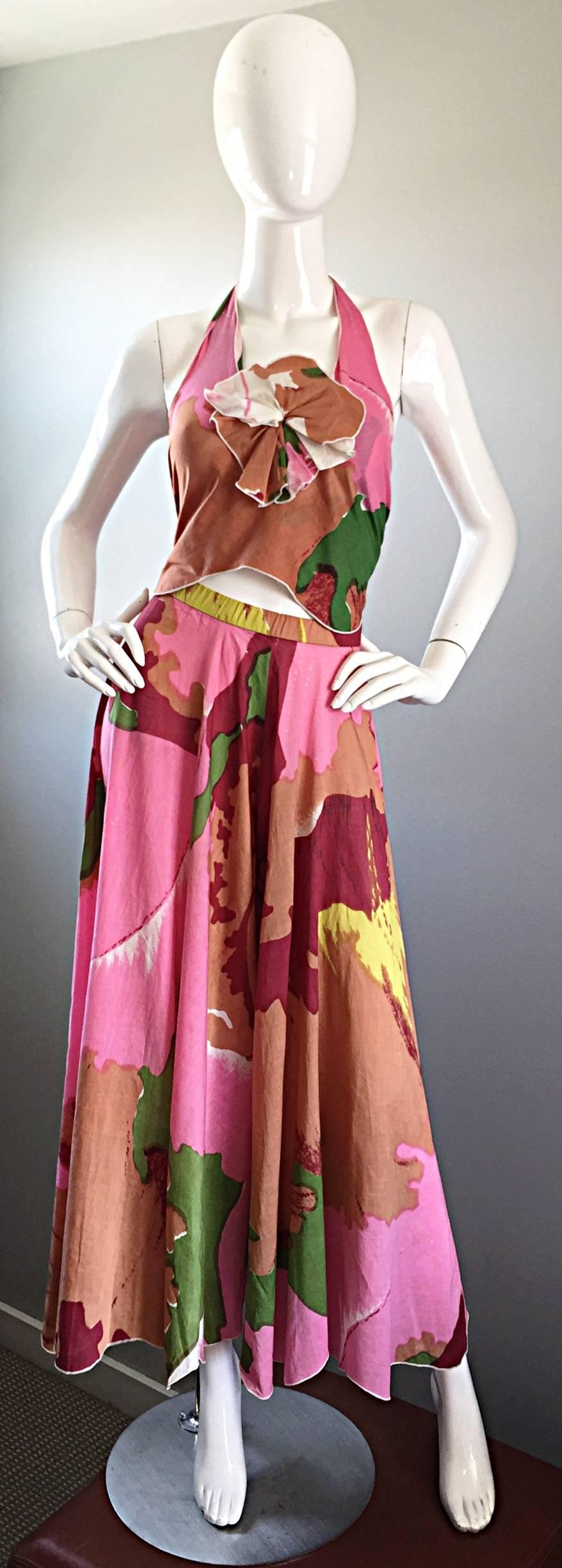 Vintage Holly's Harp 1970s Crop Top and Wide Leg Palazzo Pants Ensemble Small In Excellent Condition For Sale In San Diego, CA