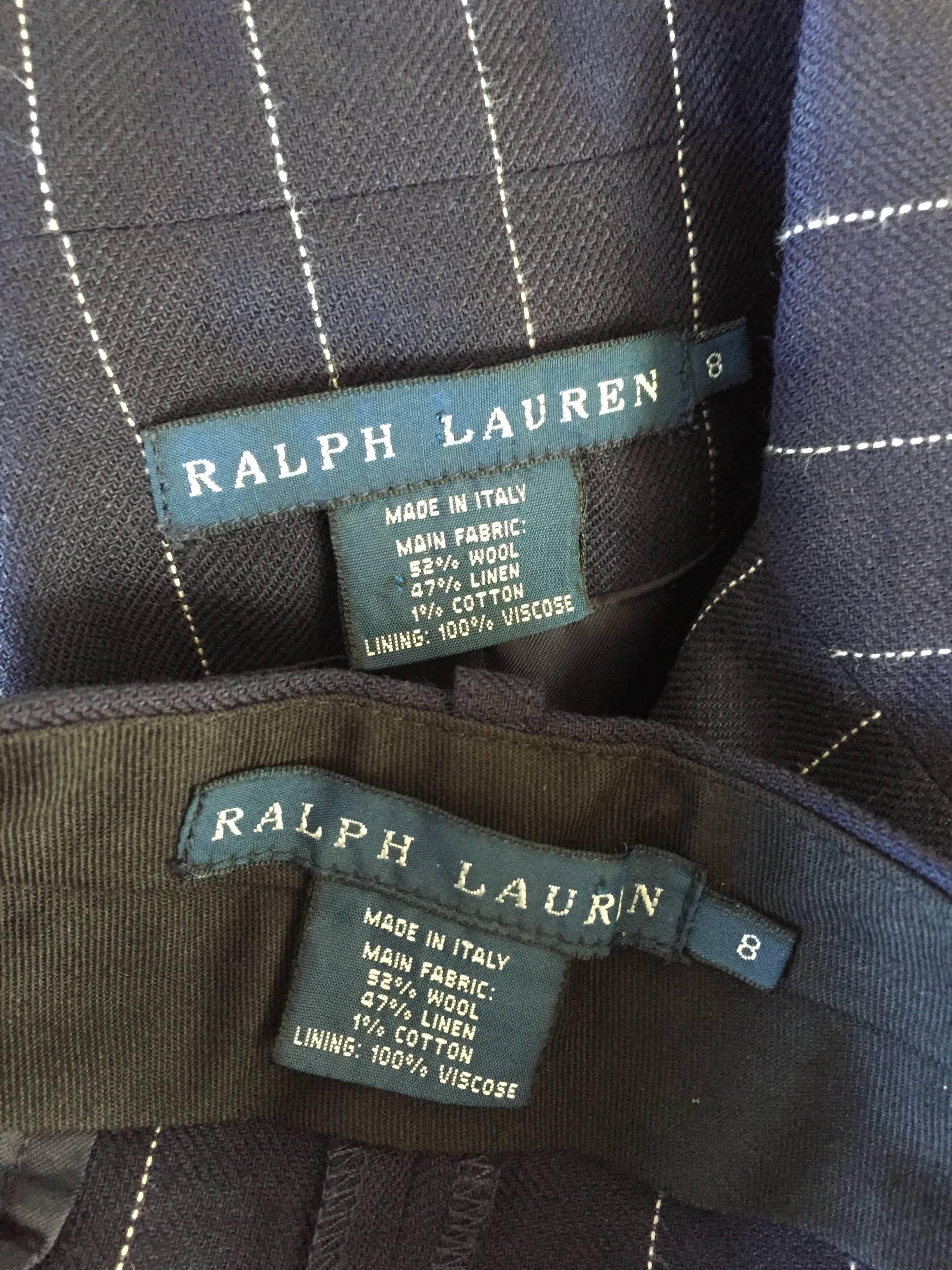 Vintage Ralph Lauren Navy Blue Pinstripe Italian Wide Leg Size 8 Pant Suit RARE 2