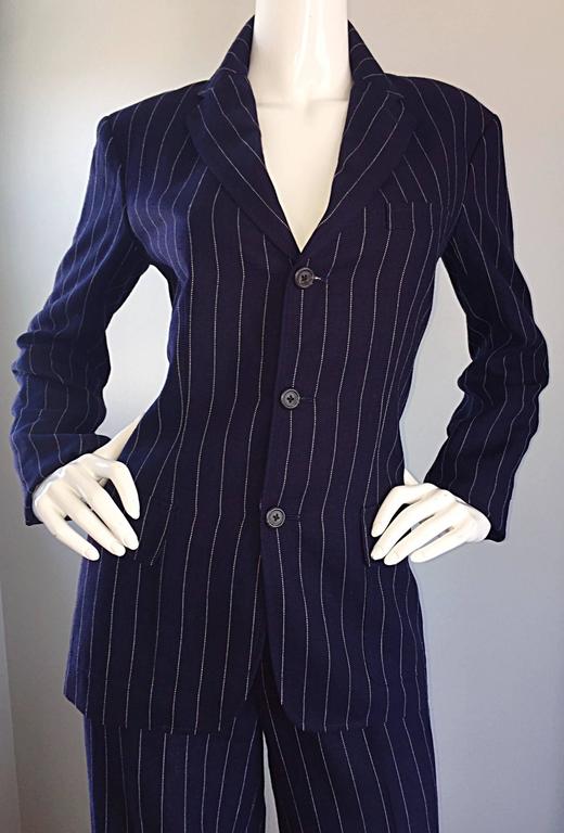 Vintage Ralph Lauren Navy Blue Pinstripe Italian Wide Leg Size 8 Pant Suit RARE at 1stDibs