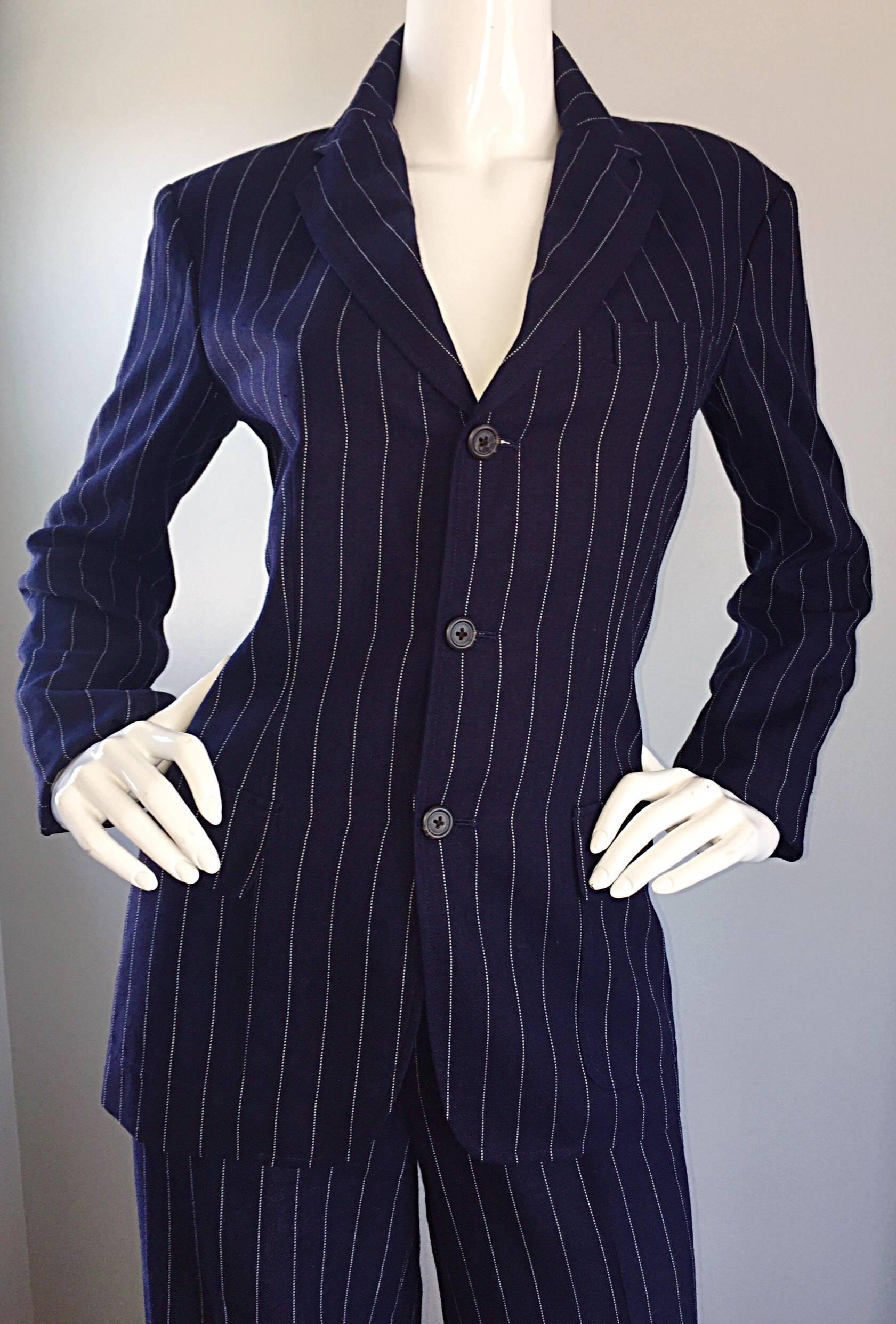Vintage Ralph Lauren Navy Blue Pinstripe Italian Wide Leg Size 8 Pant Suit RARE In Excellent Condition In San Diego, CA