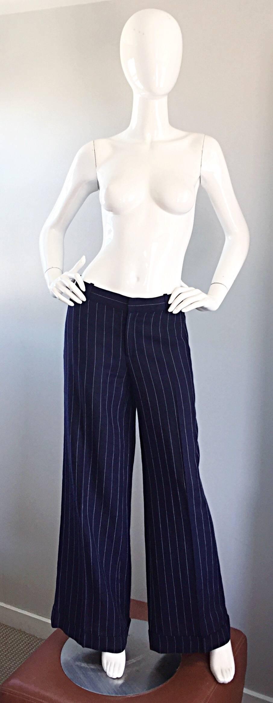 Women's Vintage Ralph Lauren Navy Blue Pinstripe Italian Wide Leg Size 8 Pant Suit RARE