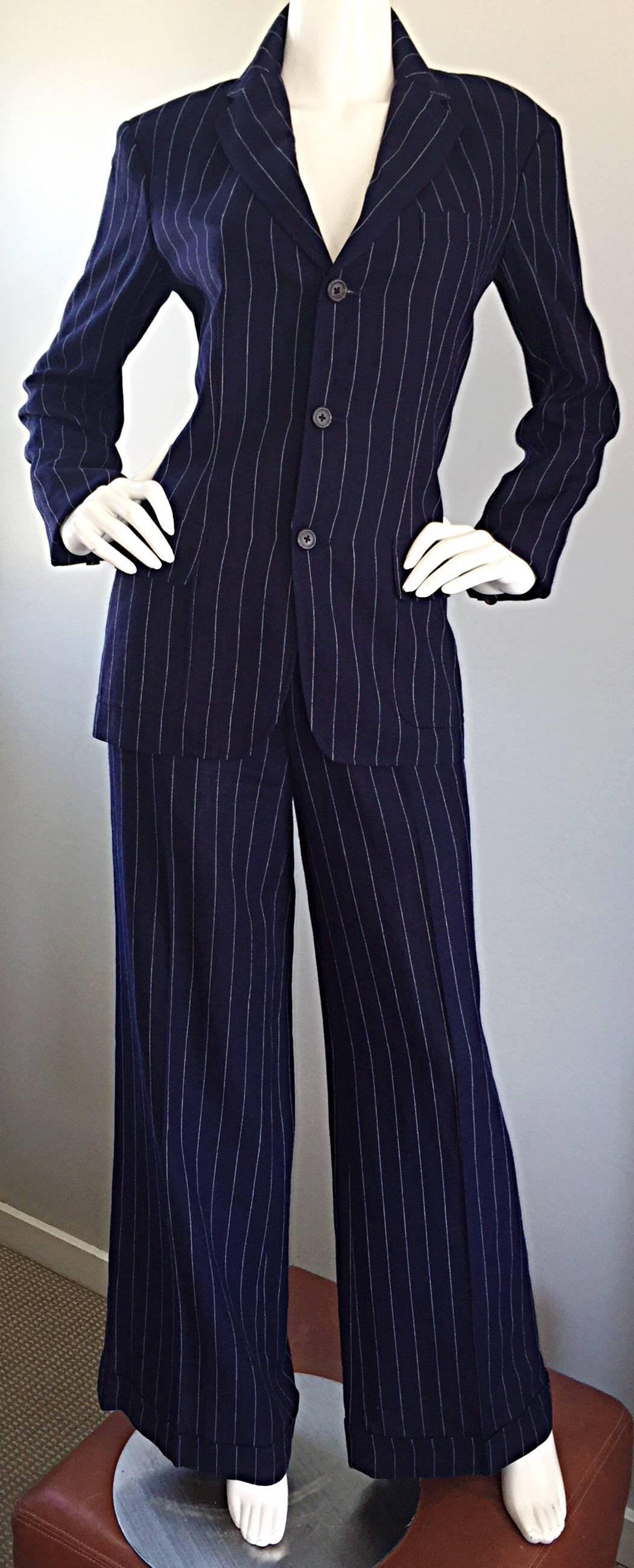 Black Vintage Ralph Lauren Navy Blue Pinstripe Italian Wide Leg Size 8 Pant Suit RARE