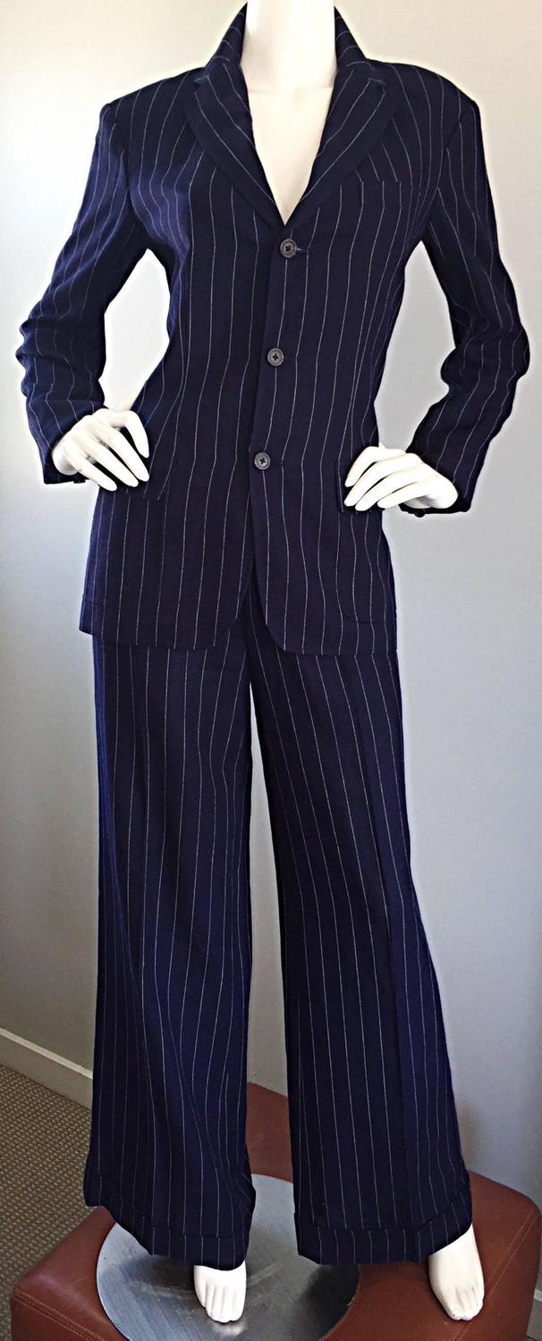 Vintage Ralph Lauren Navy Blue Pinstripe Italian Wide Leg Size 8 Pant