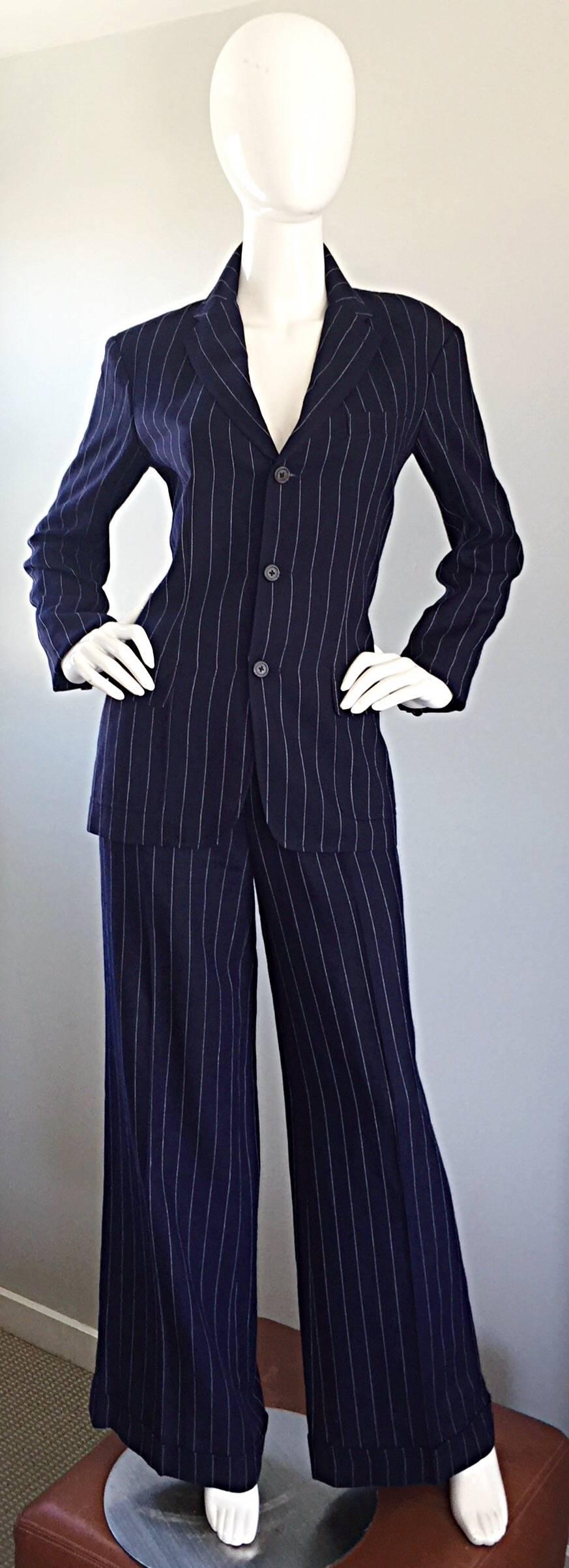 Vintage Ralph Lauren Navy Blue Pinstripe Italian Wide Leg Size 8 Pant Suit RARE 1