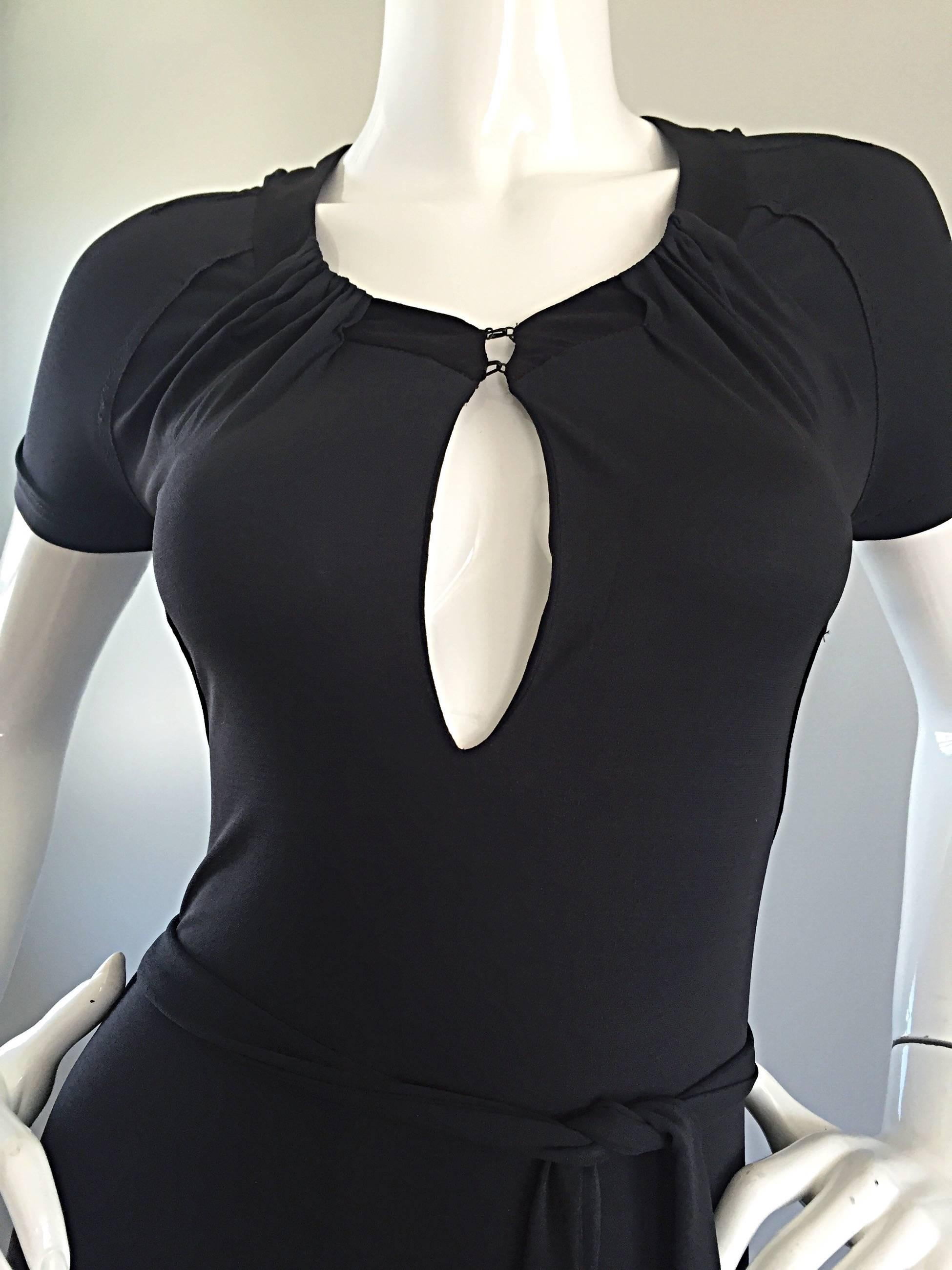Nero Vintage Costume National 1990s Grey Jersey Sexy Belted 90s Bodycon Dress Sz 38 in vendita