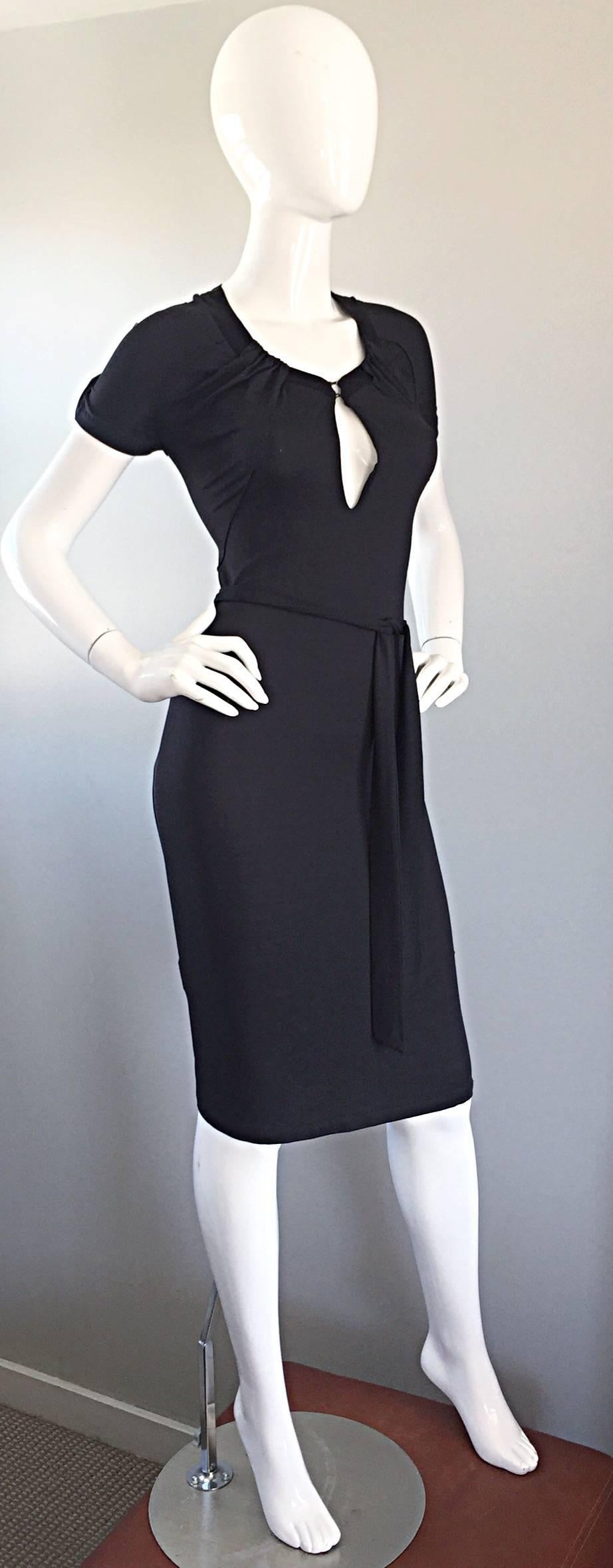 Donna Vintage Costume National 1990s Grey Jersey Sexy Belted 90s Bodycon Dress Sz 38 in vendita