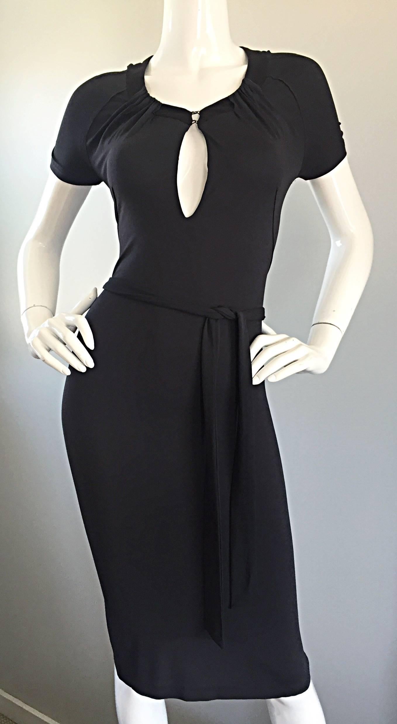 Vintage Costume National 1990s Grey Jersey Sexy Belted 90s Bodycon Dress Sz 38 In Excellent Condition For Sale In San Diego, CA