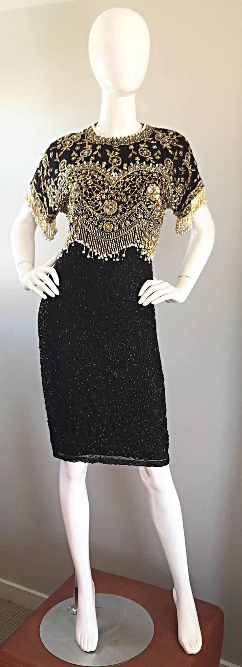 Amazing vintage early 90s LILLIE RUBIN black beaded, sequined, and pearled silk cocktail flapper dress! Heavily hand beaded black seed beads throughout the skirt. Gold and silver sequins and beads hand-sewn onto the bodice in a tromp o'lei effect