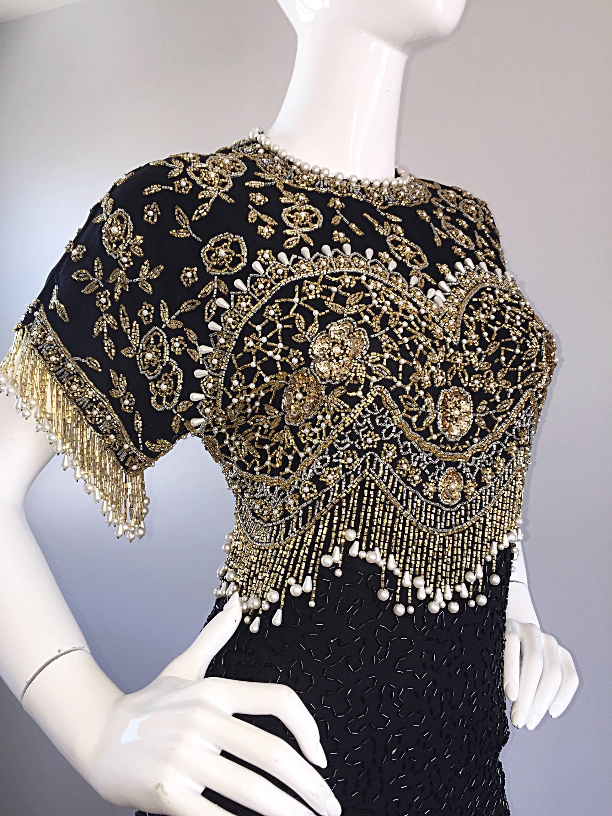 Women's Vintage Lillie Rubin 1990s Amazing Fully Beaded Sequined Pearl Silk Fringe Dress For Sale