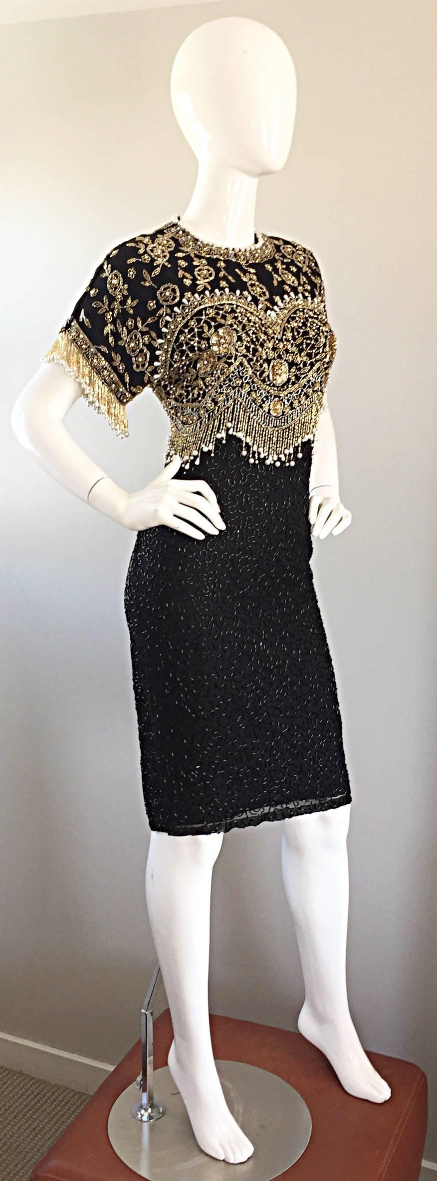 Black Vintage Lillie Rubin 1990s Amazing Fully Beaded Sequined Pearl Silk Fringe Dress For Sale