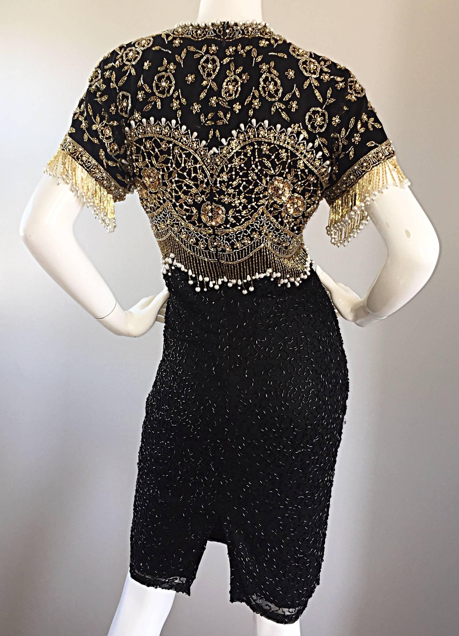 Vintage Lillie Rubin 1990s Amazing Fully Beaded Sequined Pearl Silk Fringe Dress In Excellent Condition For Sale In San Diego, CA