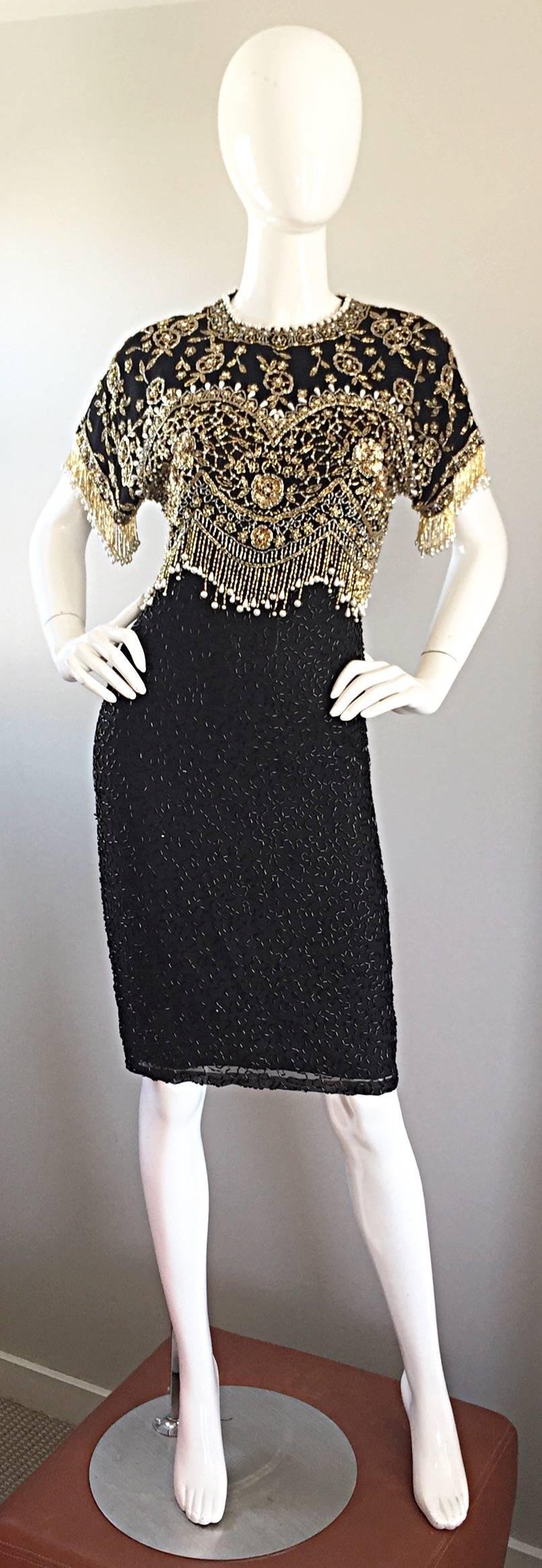 Vintage Lillie Rubin 1990s Amazing Fully Beaded Sequined Pearl Silk Fringe Dress For Sale 1
