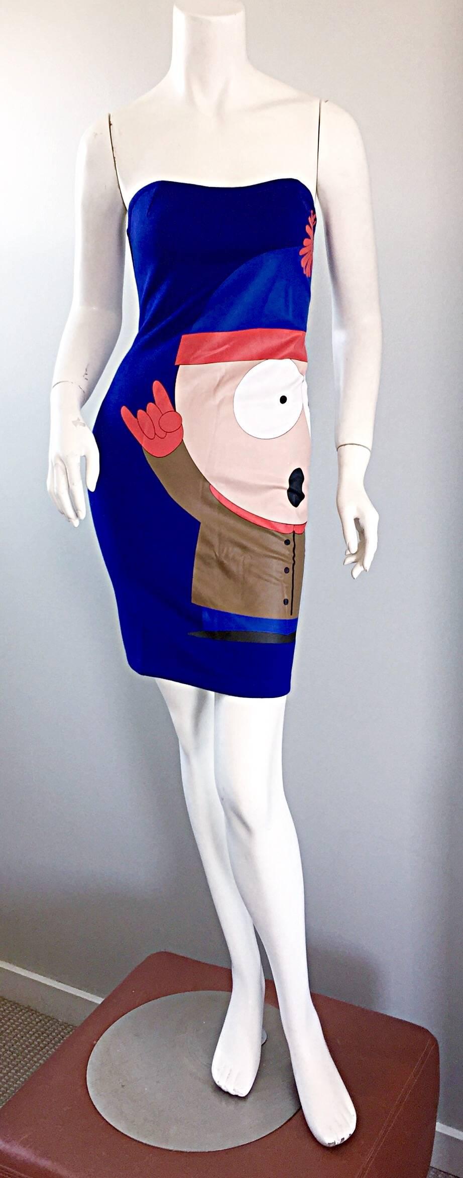 Statement ready JEAN CHARLES DE CASTELJABAC "South Park" strapless dress! Vibrant royal blue color with an oversized image of Stan on the side. Chic silver exposed zipper up the back. Soft cotton stretches to fit and flatter the body. In