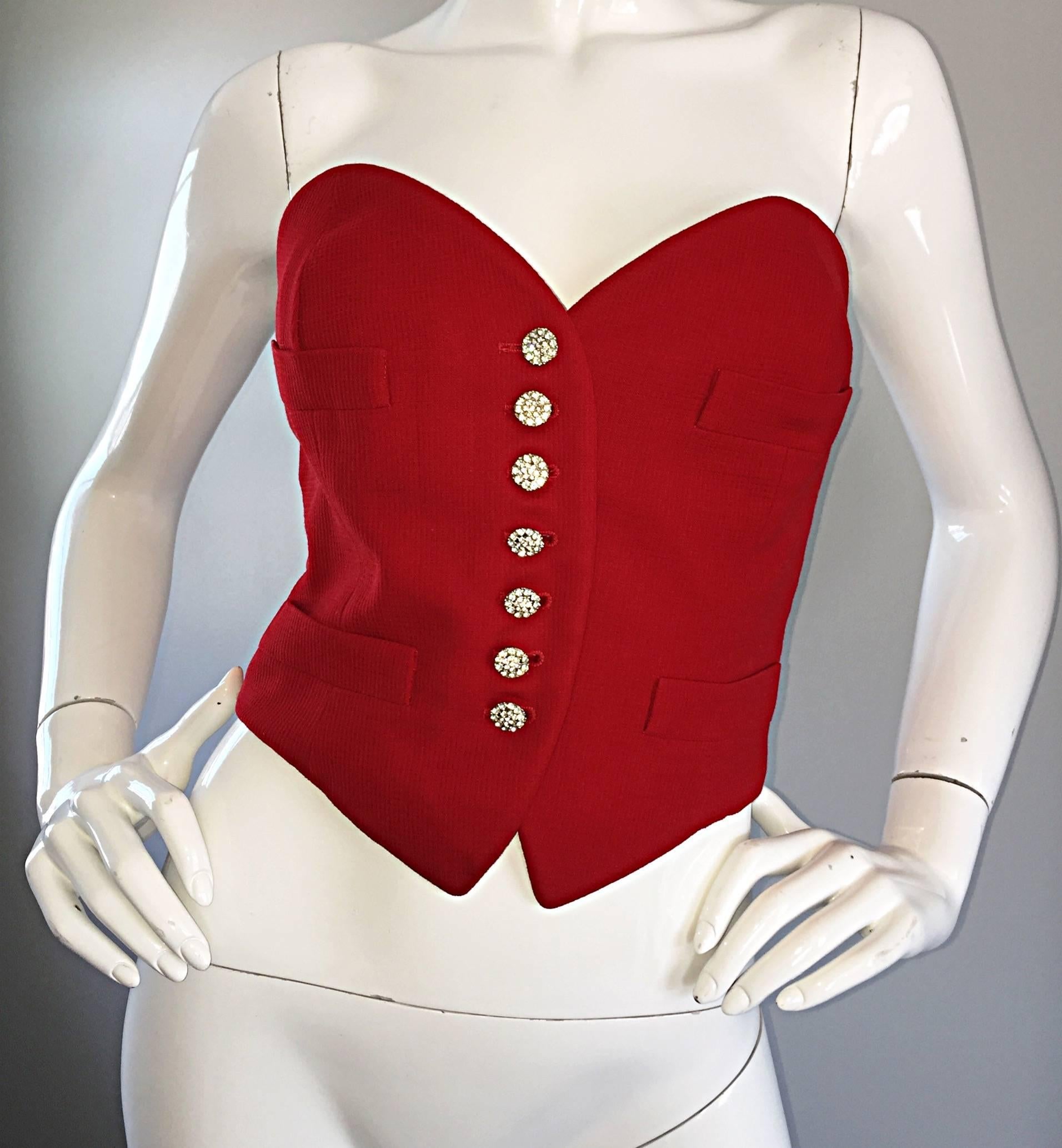 Rare Vintage Moschino Couture Red ' Heart ' Bustier Top w/ Rhinestone Buttons In Excellent Condition In San Diego, CA