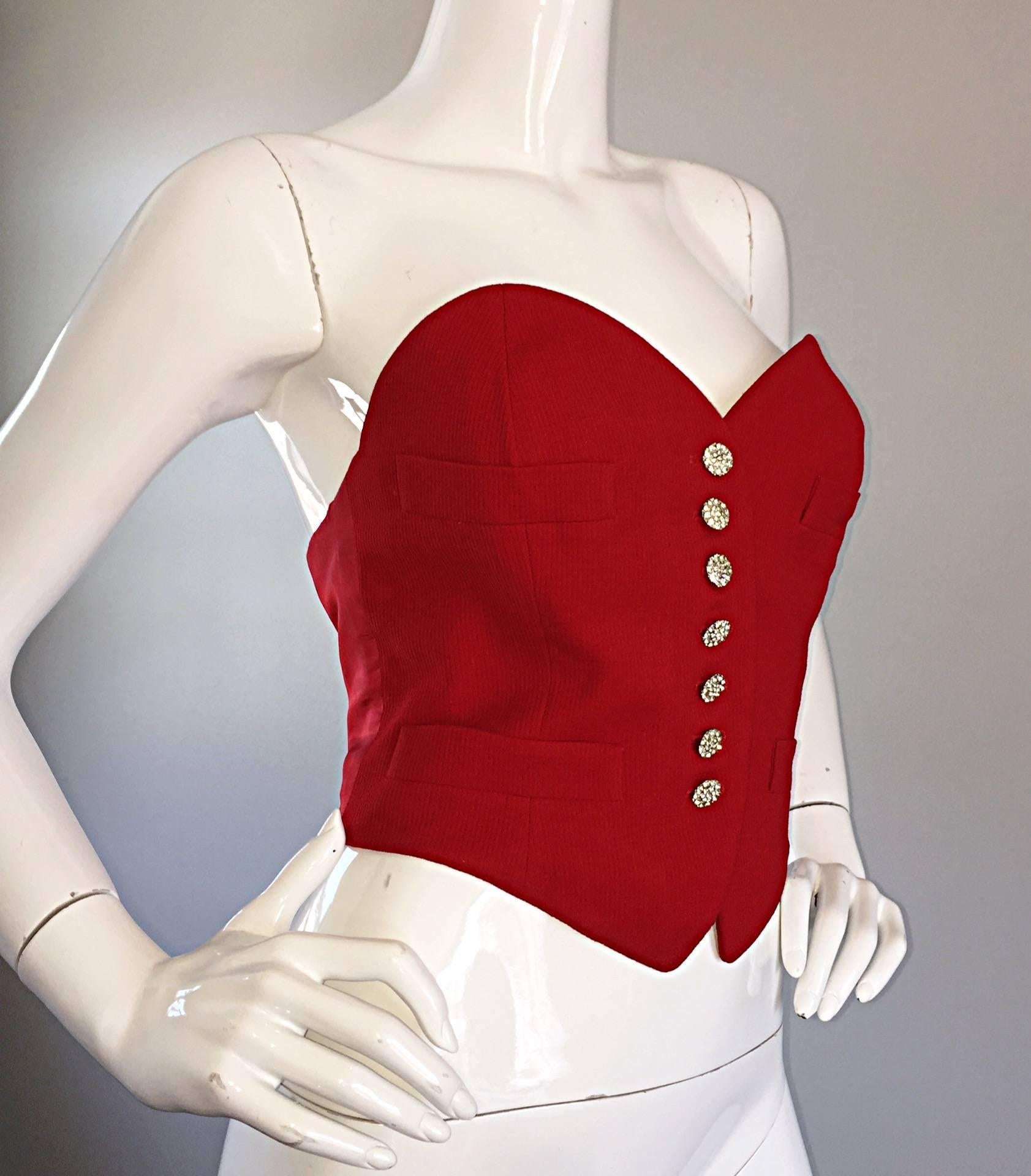 Women's Rare Vintage Moschino Couture Red ' Heart ' Bustier Top w/ Rhinestone Buttons