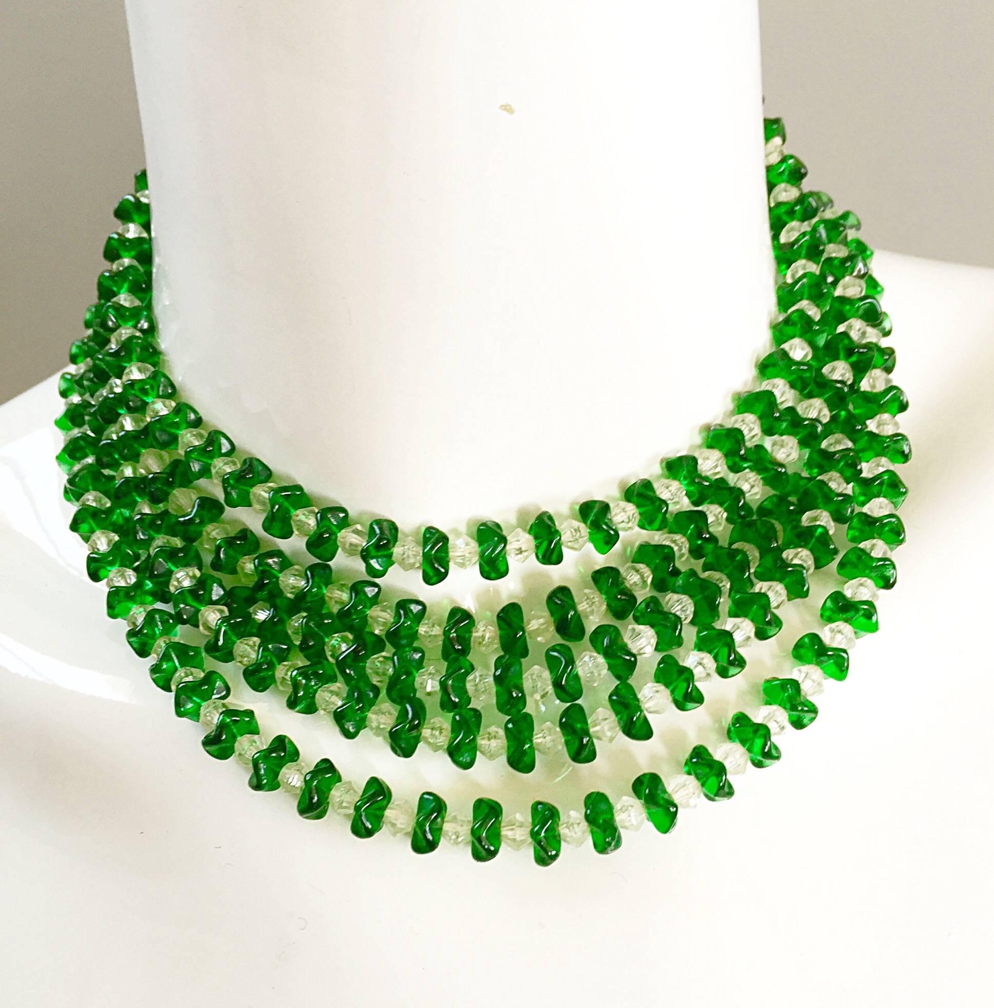 Beautiful vintage (signed) LISNER 1960s sapphire green and clear lucite waterfall necklace! Vibrant green adds just the right amount of pop to any outfit! Can easily be dressed up or down. Adjustable decorative silver clasp in back. Great with a