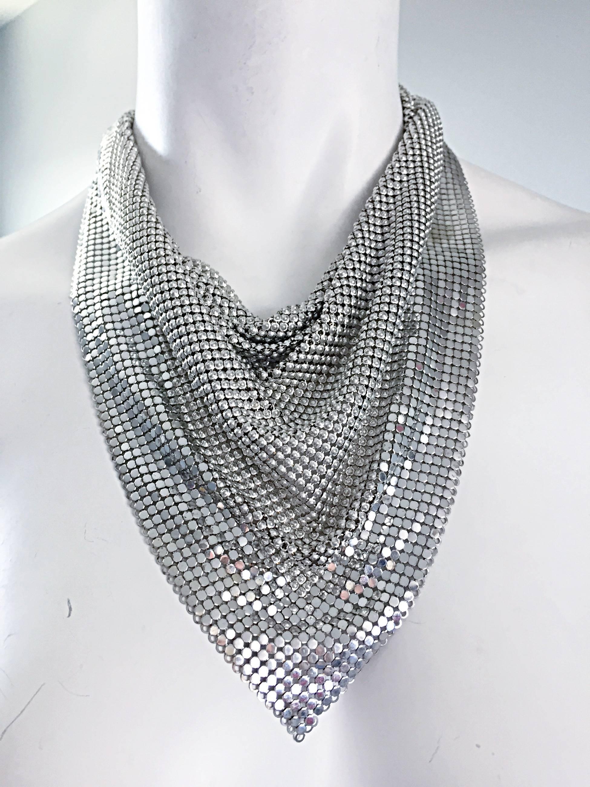 Vintage Whiting and Davis 1970s Silver Chainmail 70s Metal Disco Bib Necklace  1