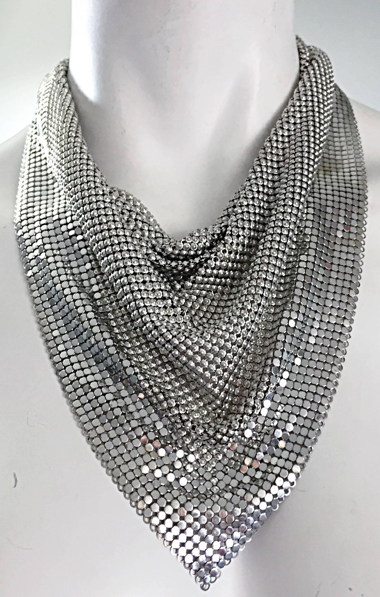 Vintage Whiting and Davis 1970s Silver Chainmail 70s Metal Disco Bib Necklace  In Excellent Condition In San Diego, CA