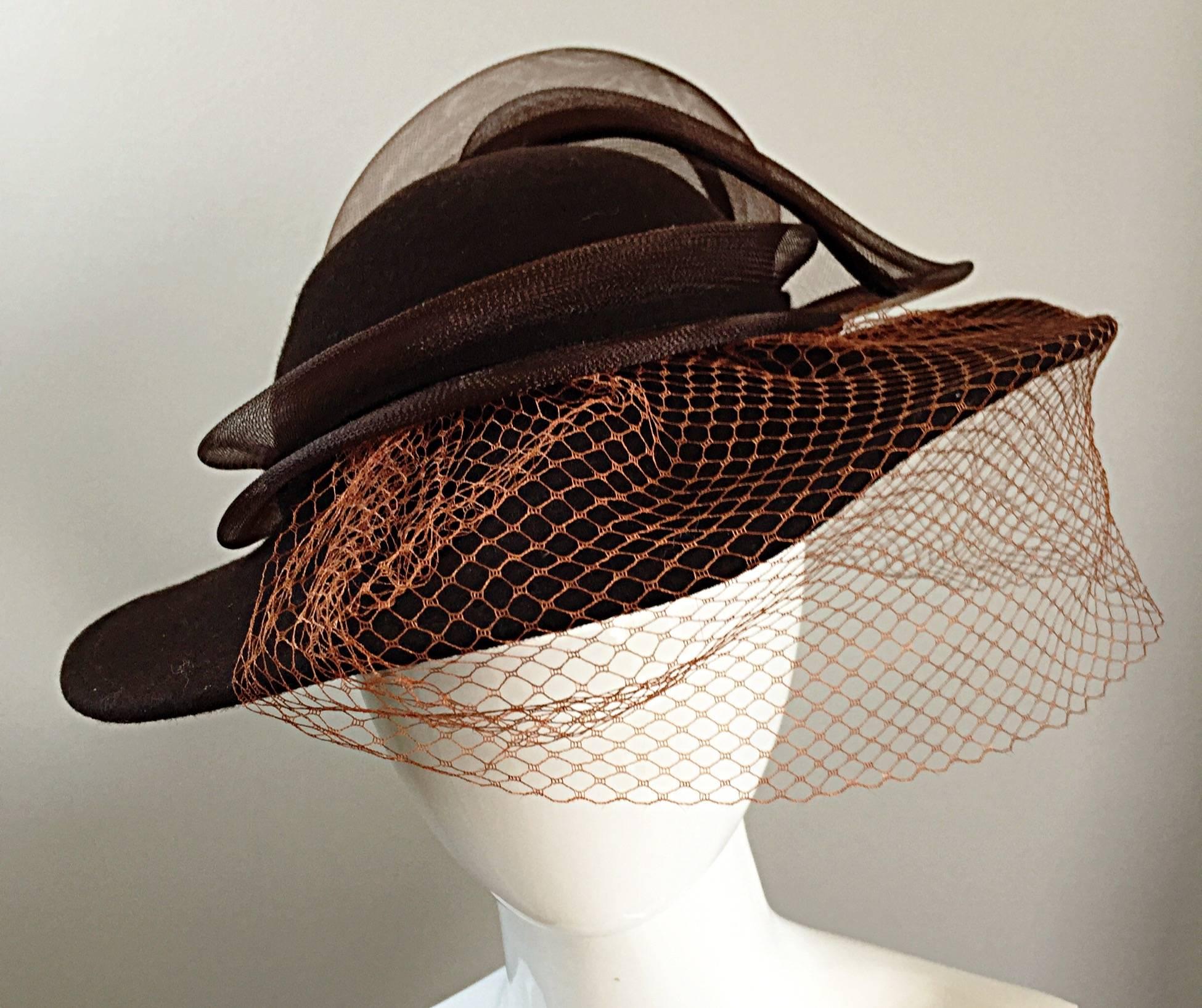 Black Avant Garde Vintage Bollman Brown Wool Hat w/ Net and Rhinestone