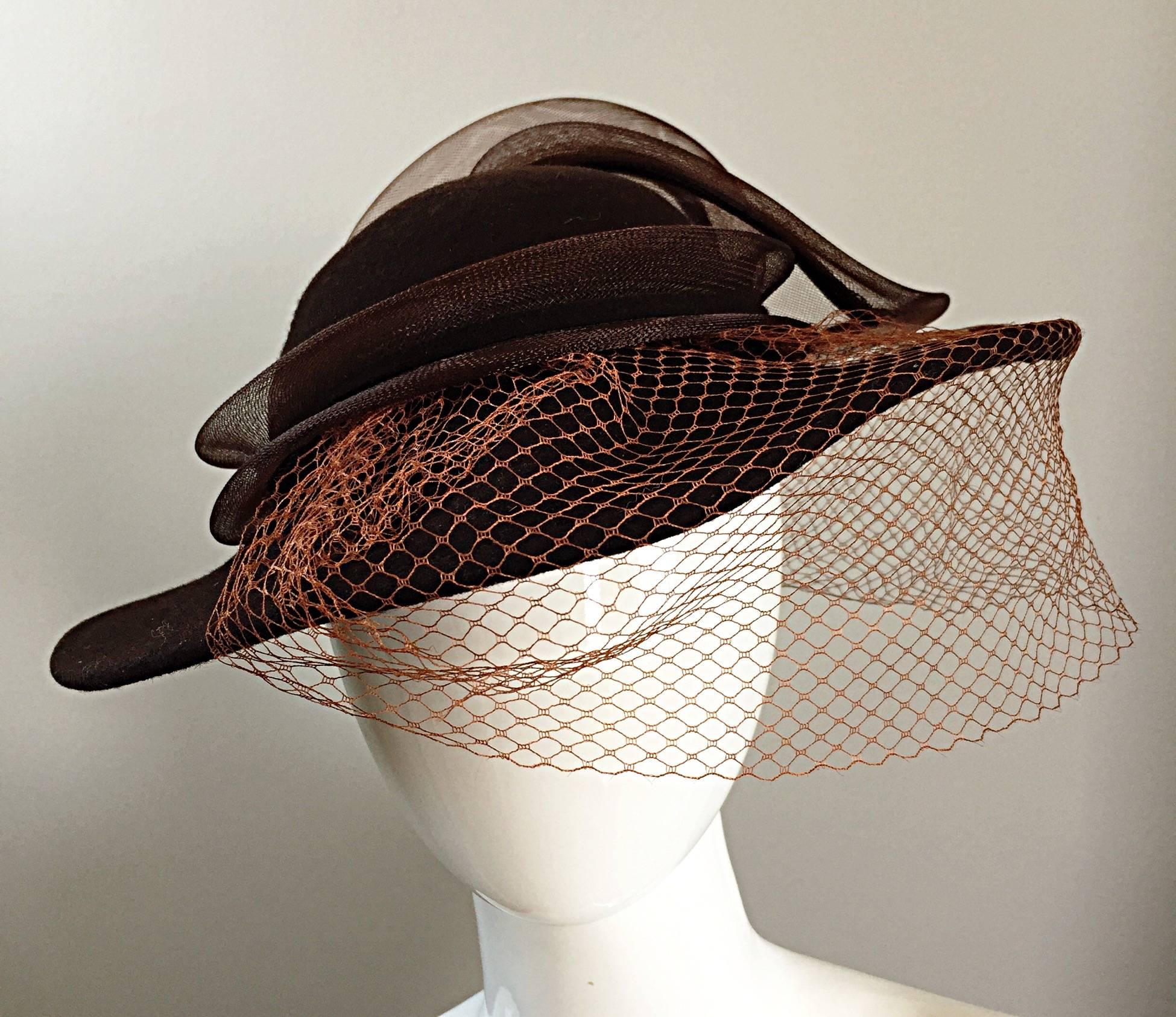 Avant Garde Vintage Bollman Brown Wool Hat w/ Net and Rhinestone 2