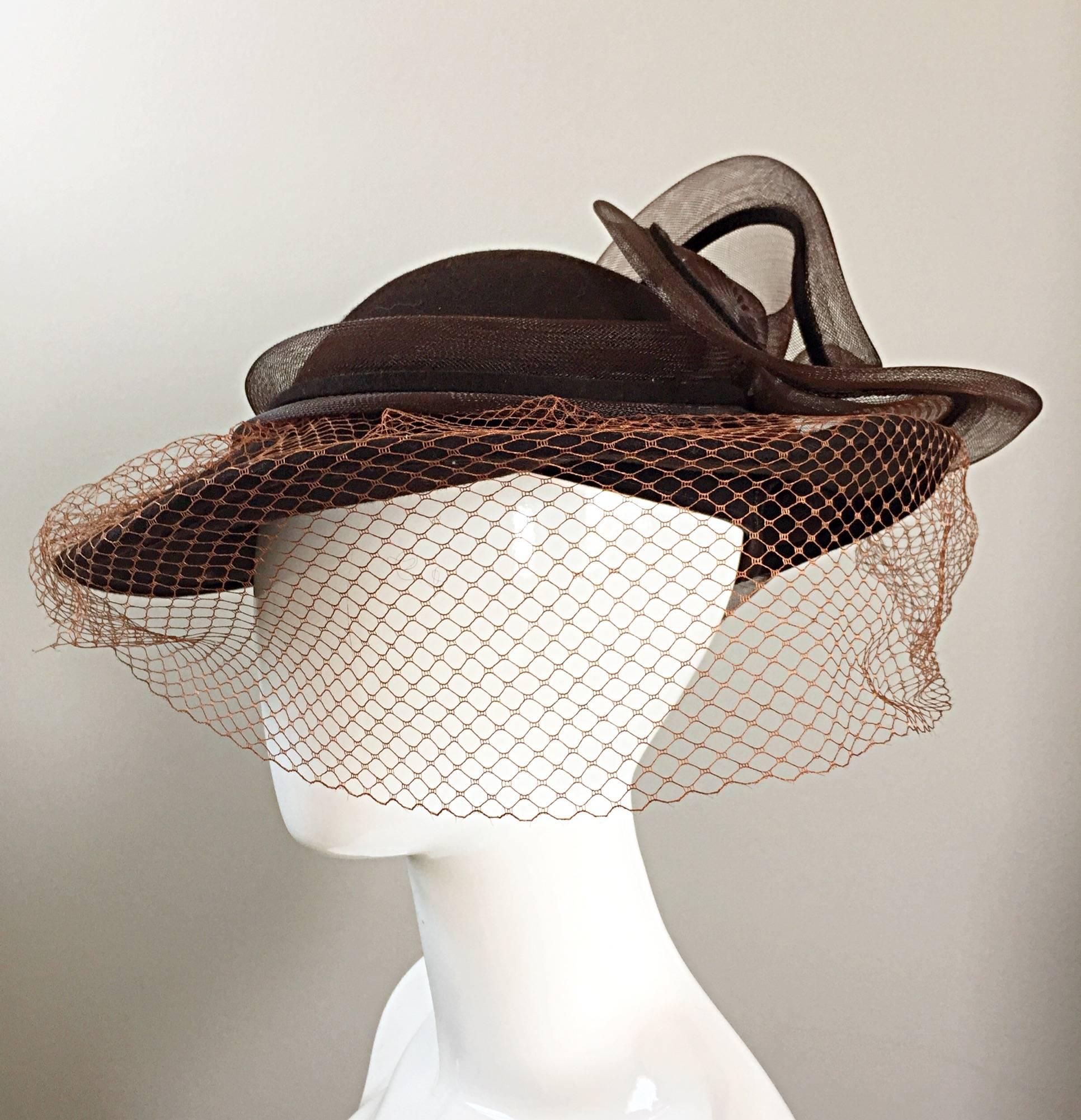 Avant Garde Vintage Bollman Brown Wool Hat w/ Net and Rhinestone 1