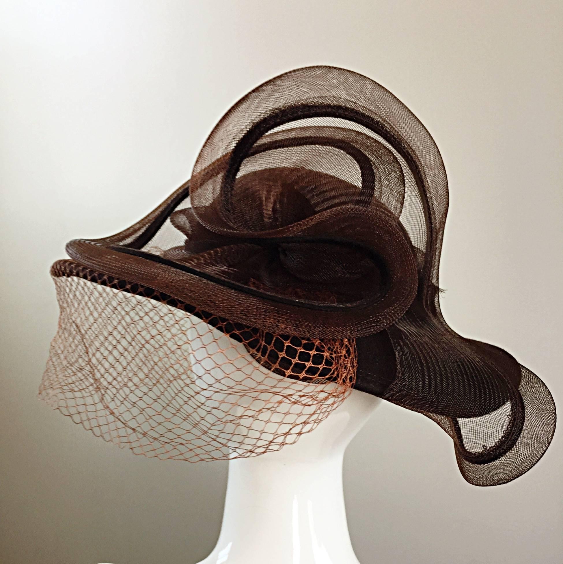 Avant Garde Vintage Bollman Brown Wool Hat w/ Net and Rhinestone 3