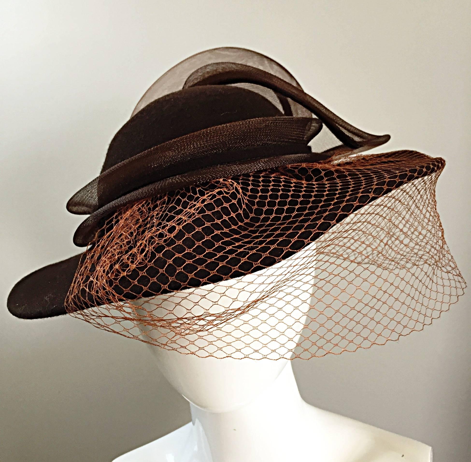 Avant Garde Vintage Bollman Brown Wool Hat w/ Net and Rhinestone 4
