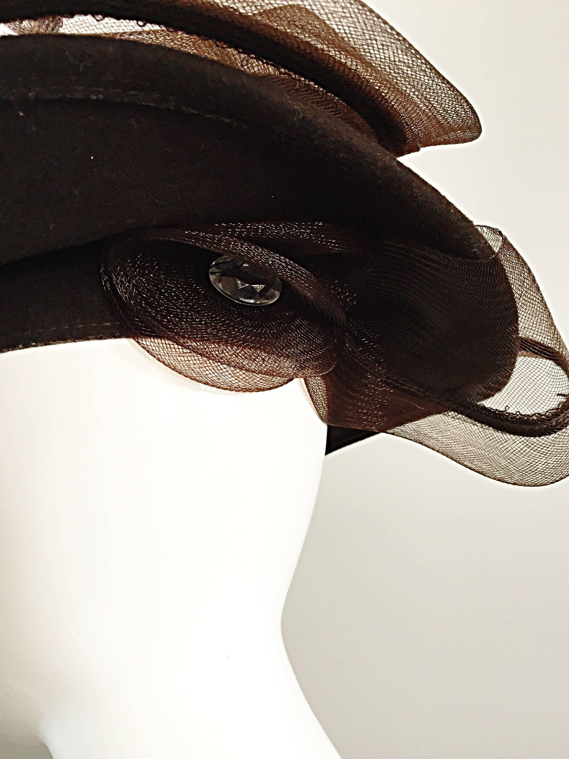 Women's Avant Garde Vintage Bollman Brown Wool Hat w/ Net and Rhinestone