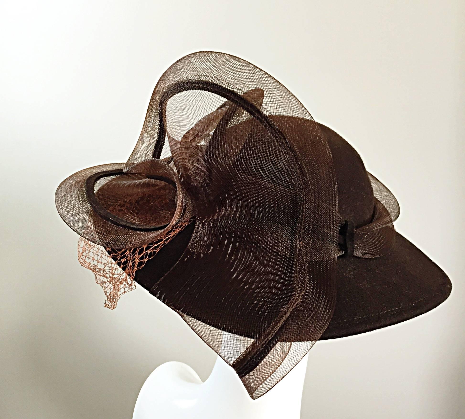 Avant Garde Vintage Bollman Brown Wool Hat w/ Net and Rhinestone In Excellent Condition In San Diego, CA