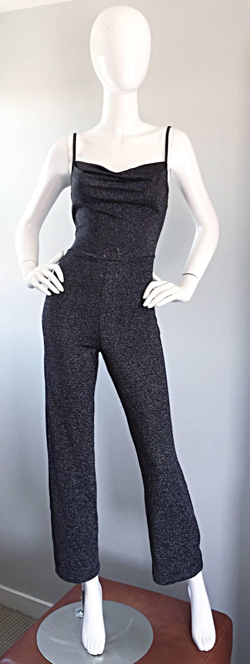 1970s Vintage Gunmetal Silver Metallic Jersey 70s Disco Jumpsuit / Catsuit 1