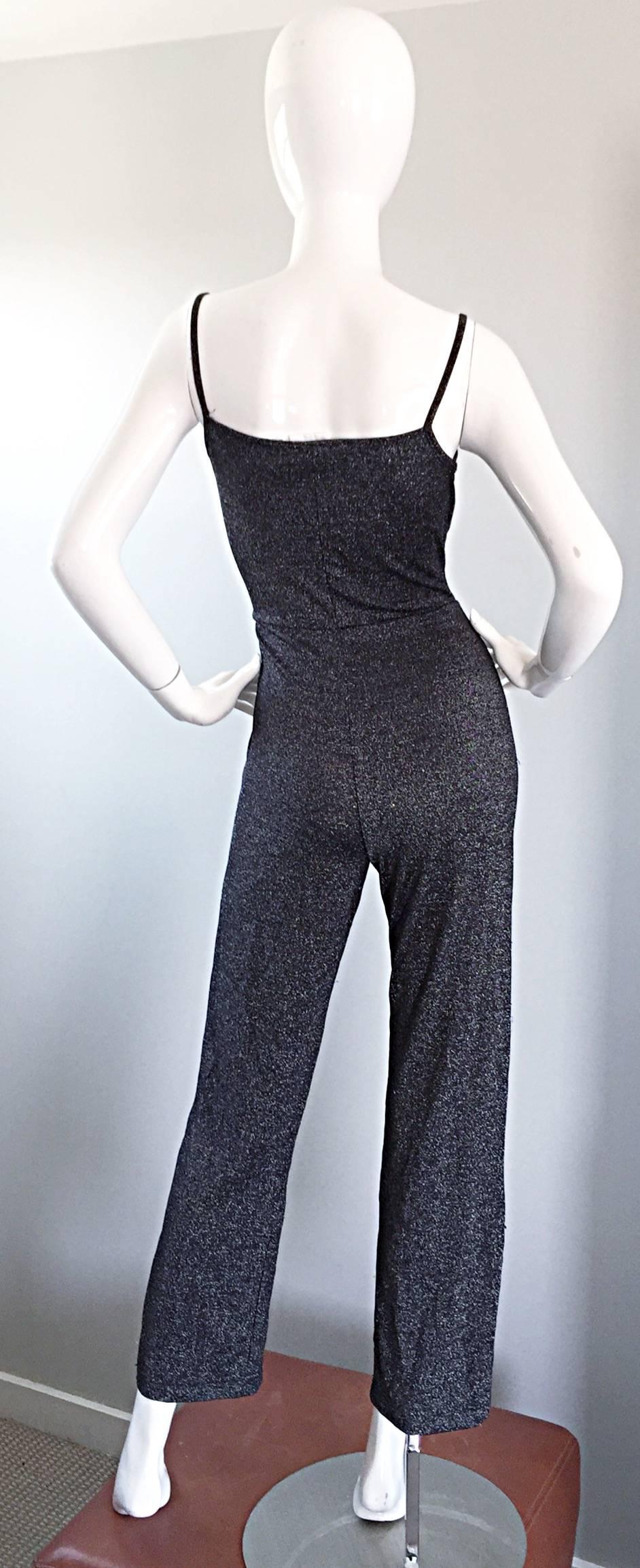 Women's 1970s Vintage Gunmetal Silver Metallic Jersey 70s Disco Jumpsuit / Catsuit