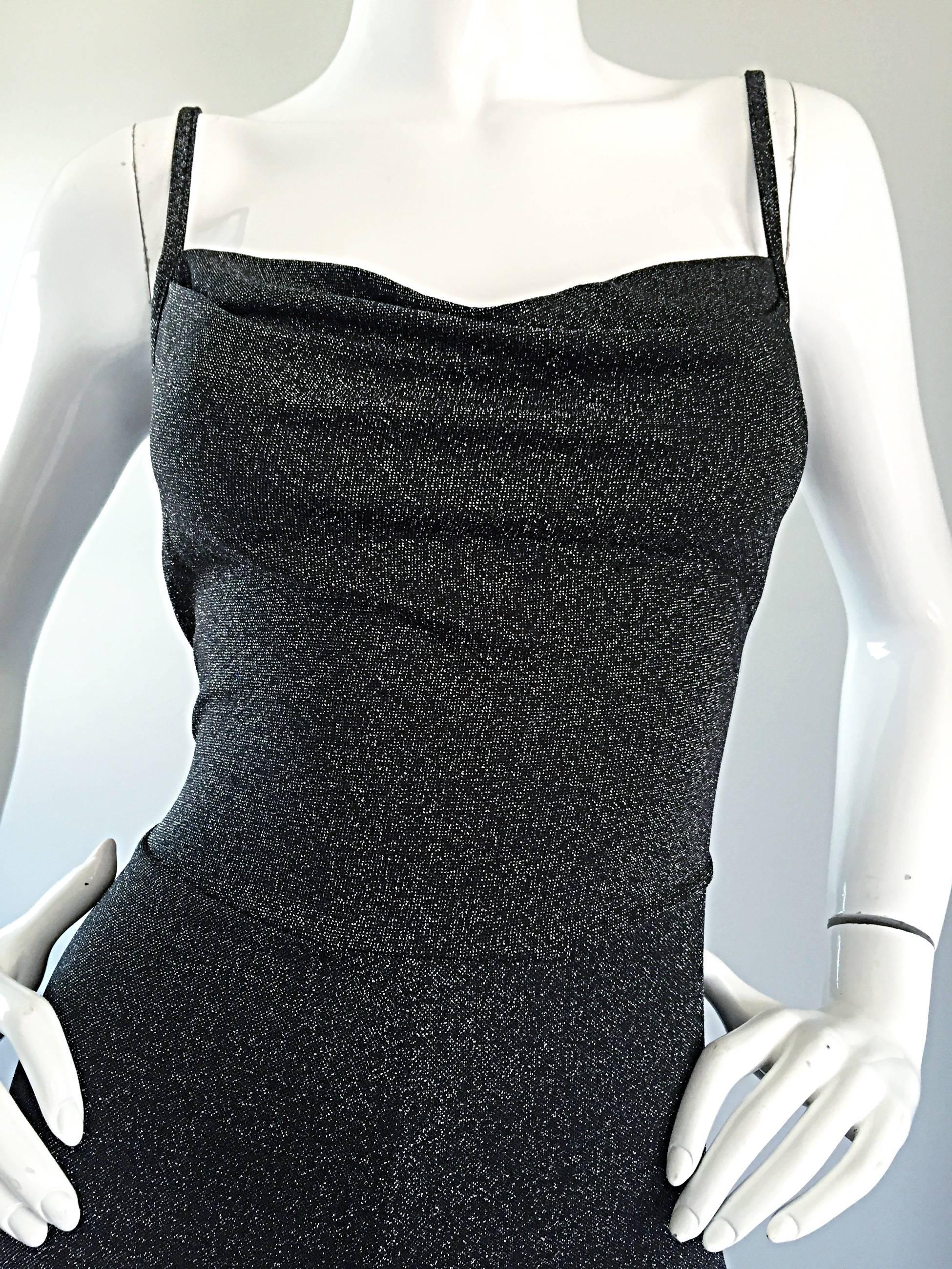 Black 1970s Vintage Gunmetal Silver Metallic Jersey 70s Disco Jumpsuit / Catsuit