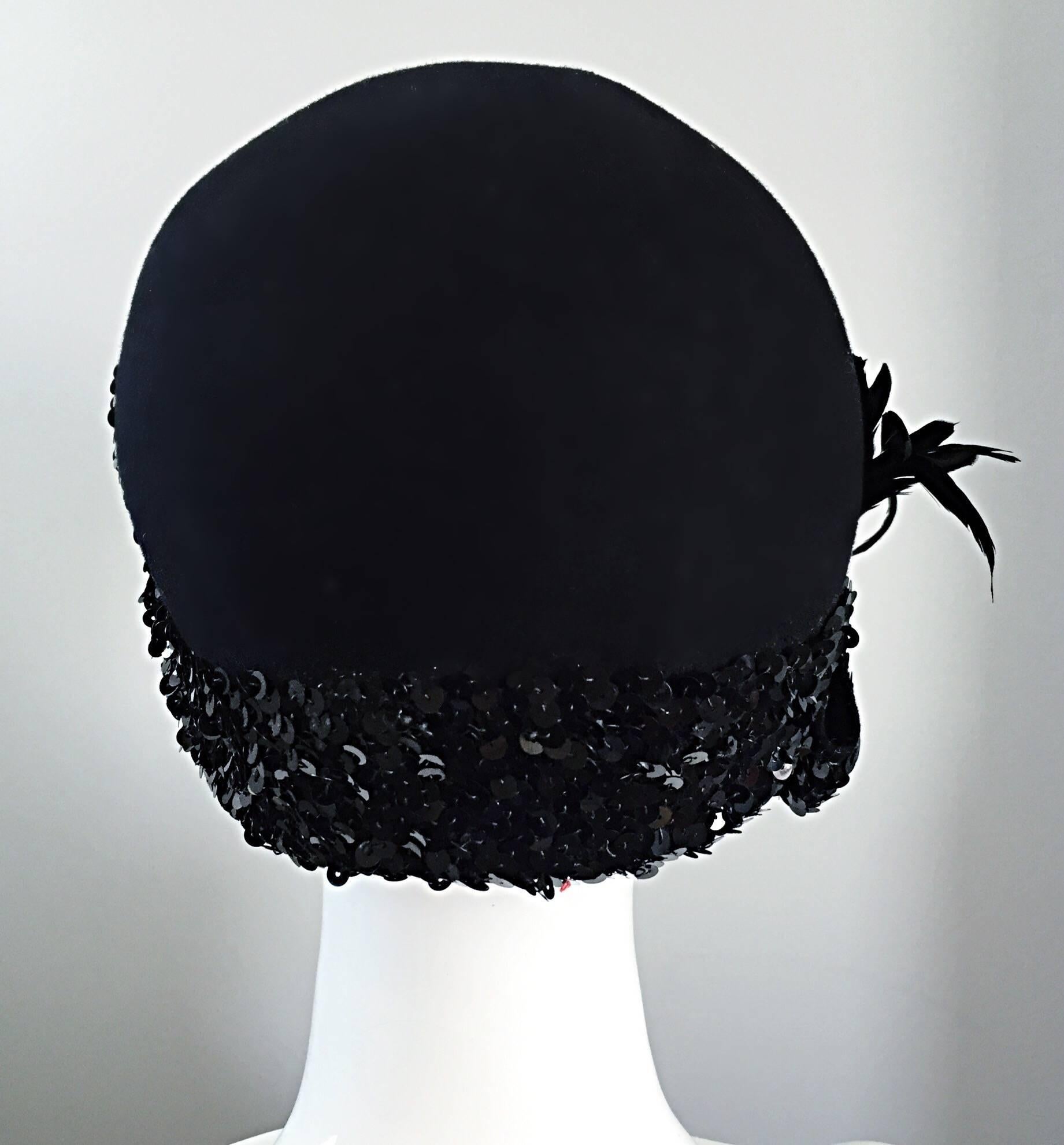 1960s Adolfo Black Sequin + Feather Vintage 60s does 20s Virgin Wool Cloche Hat  2